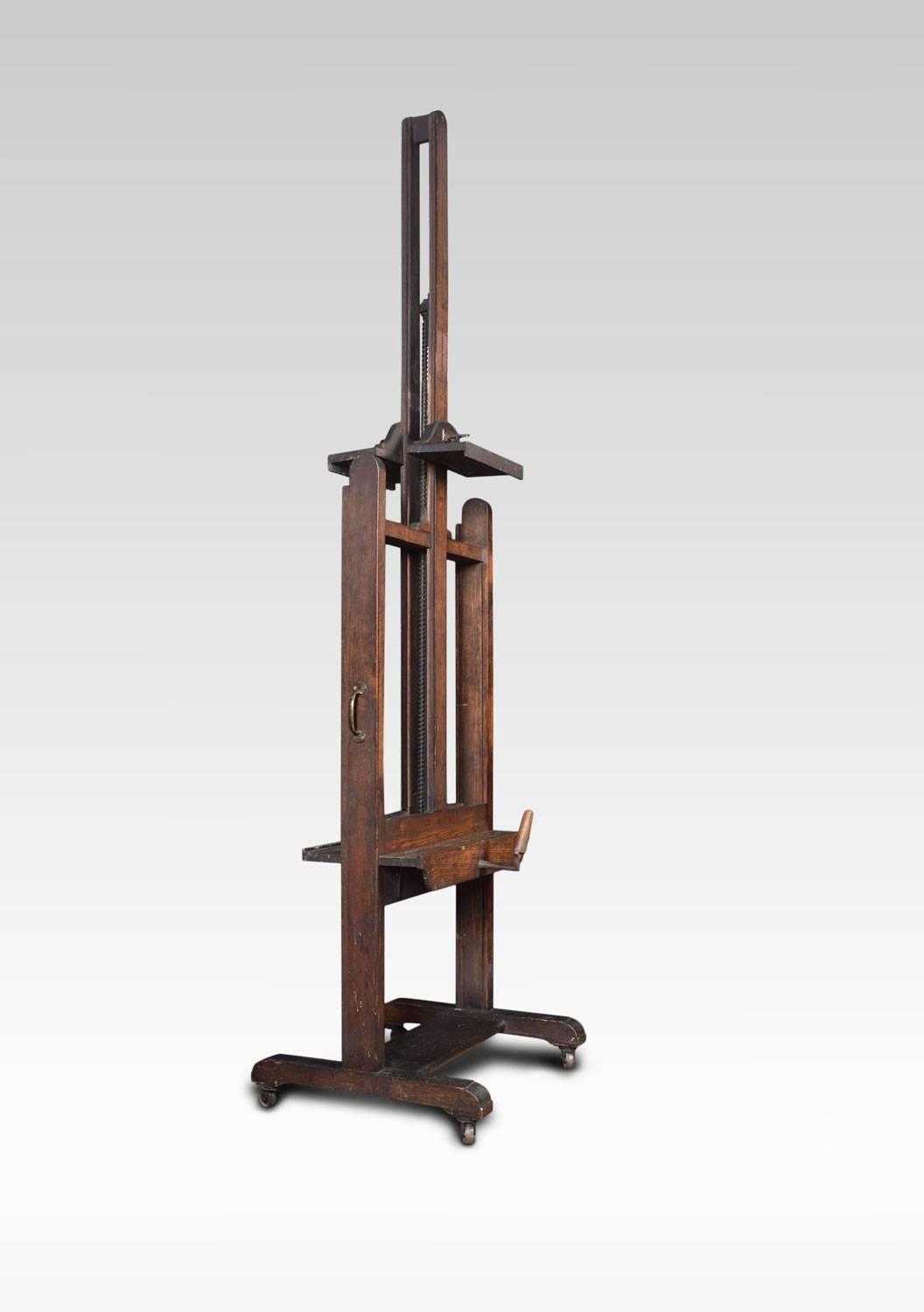 Large studio easel from the studio of Philip Reeves RSA PRSW RGI RE
The oak artist’s double sided easel, with adjustable mechanism, raised up on trestle base terminating in casters

Dimensions
Height 109 when fully extended 91 Inches when
