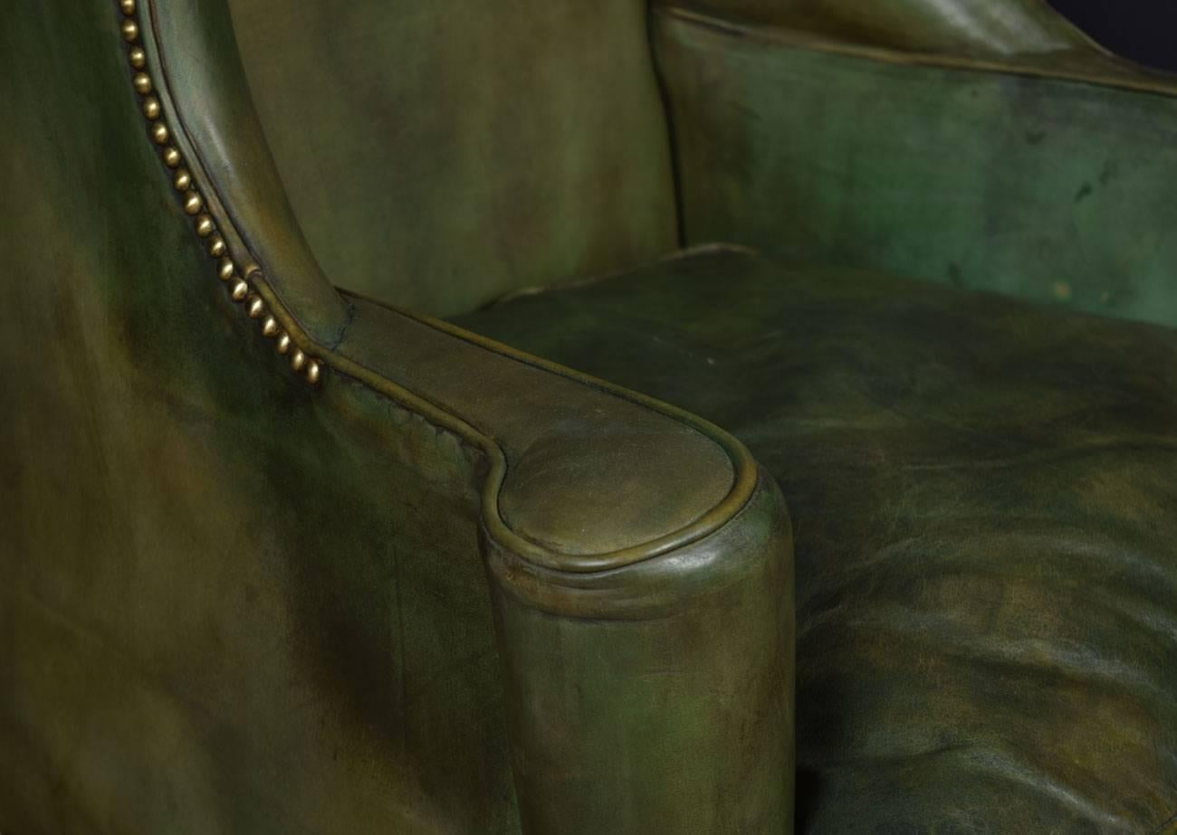 19th Century William and Mary Style Leather Upholstered Wingback Armchair 