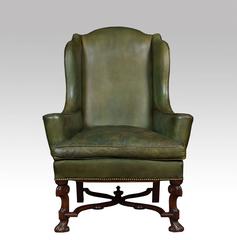 William and Mary Style Leather Upholstered Wingback Armchair