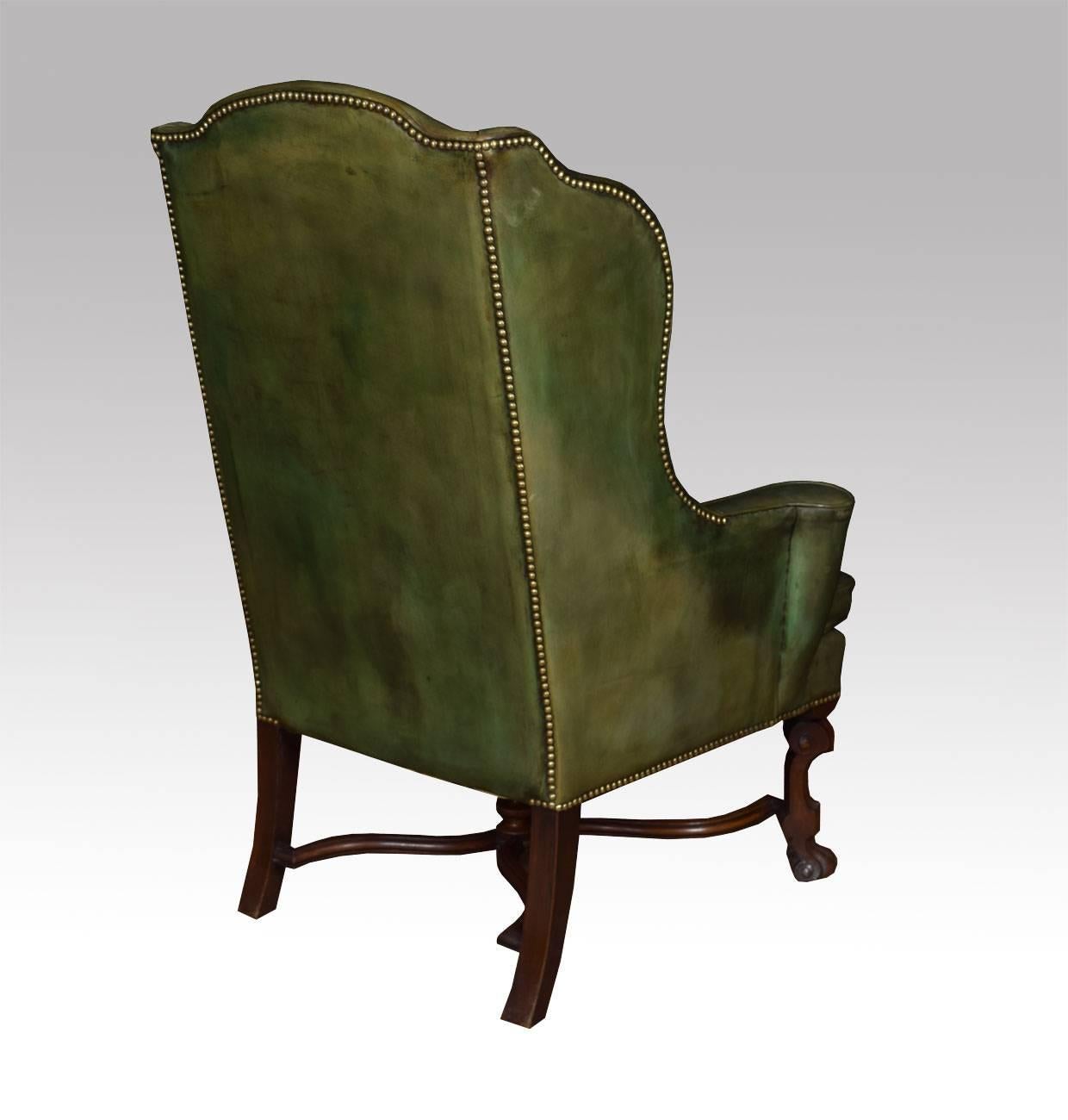 English William and Mary Style Leather Upholstered Wingback Armchair 