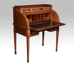 Edwardian mahogany and satinwood cross banded cylinder top desk by Maple & Co