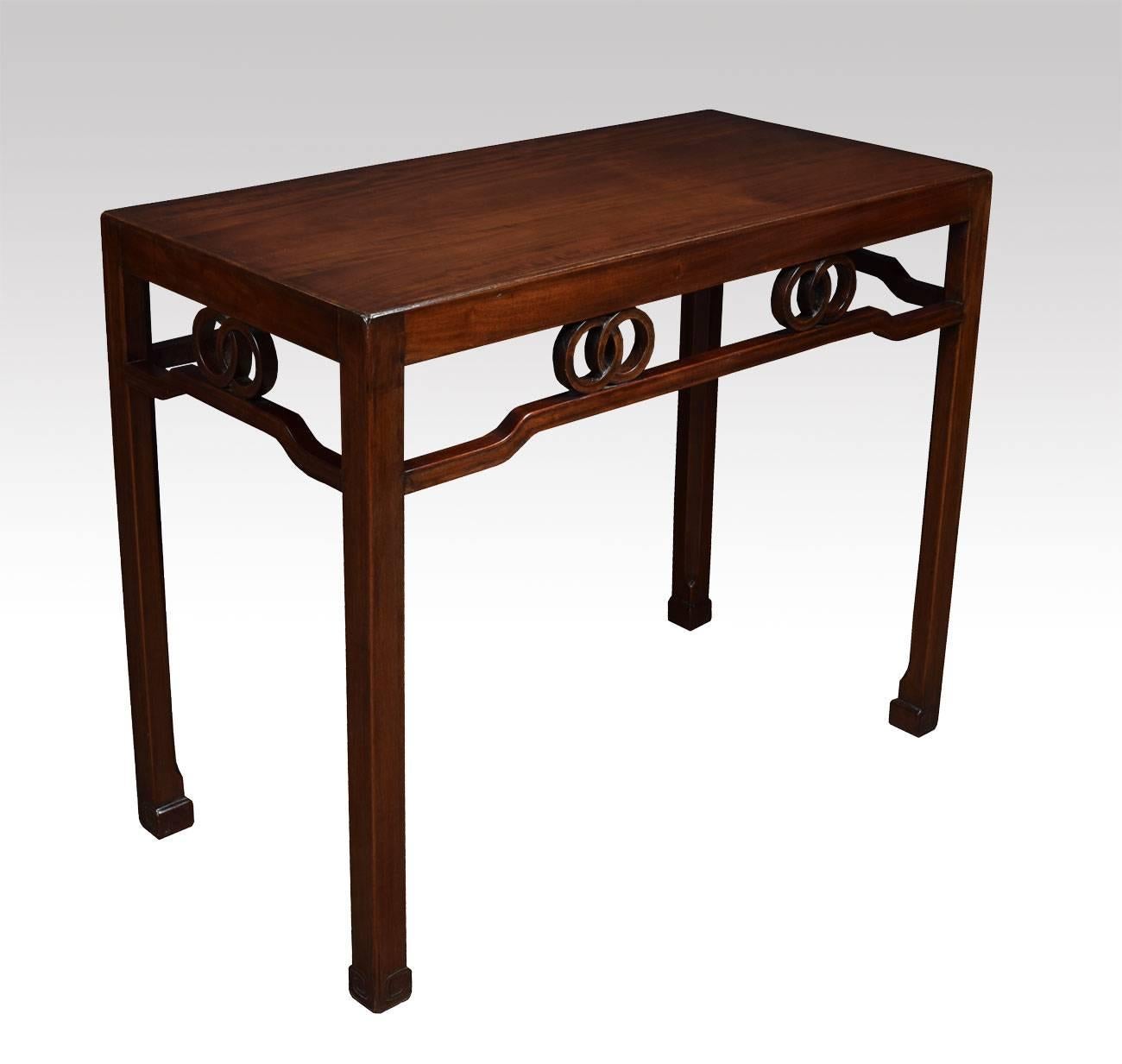 

Chinese rosewood serving/center table the rectangular top above carved frieze, all raised up on four slender legs

Dimensions

Height 39 Inches

Width 37 Inches

Depth 18.5 Inches
