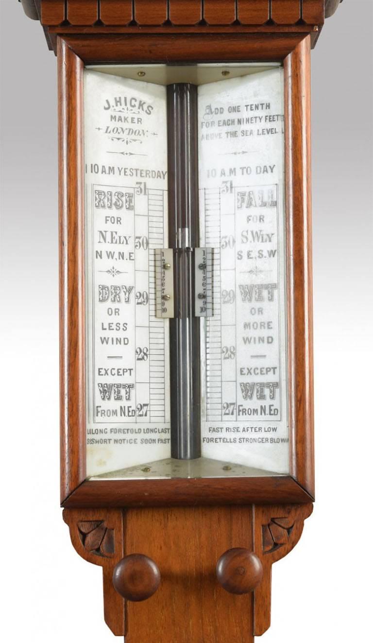 

Late Victorian oak cased stick barometer and thermometer by J Hicks of London with engraved ivory scales contained in oak case having shaped and moulded pediment and shaped cistern cover

Dimensions:

Height 40.5 inches.
 