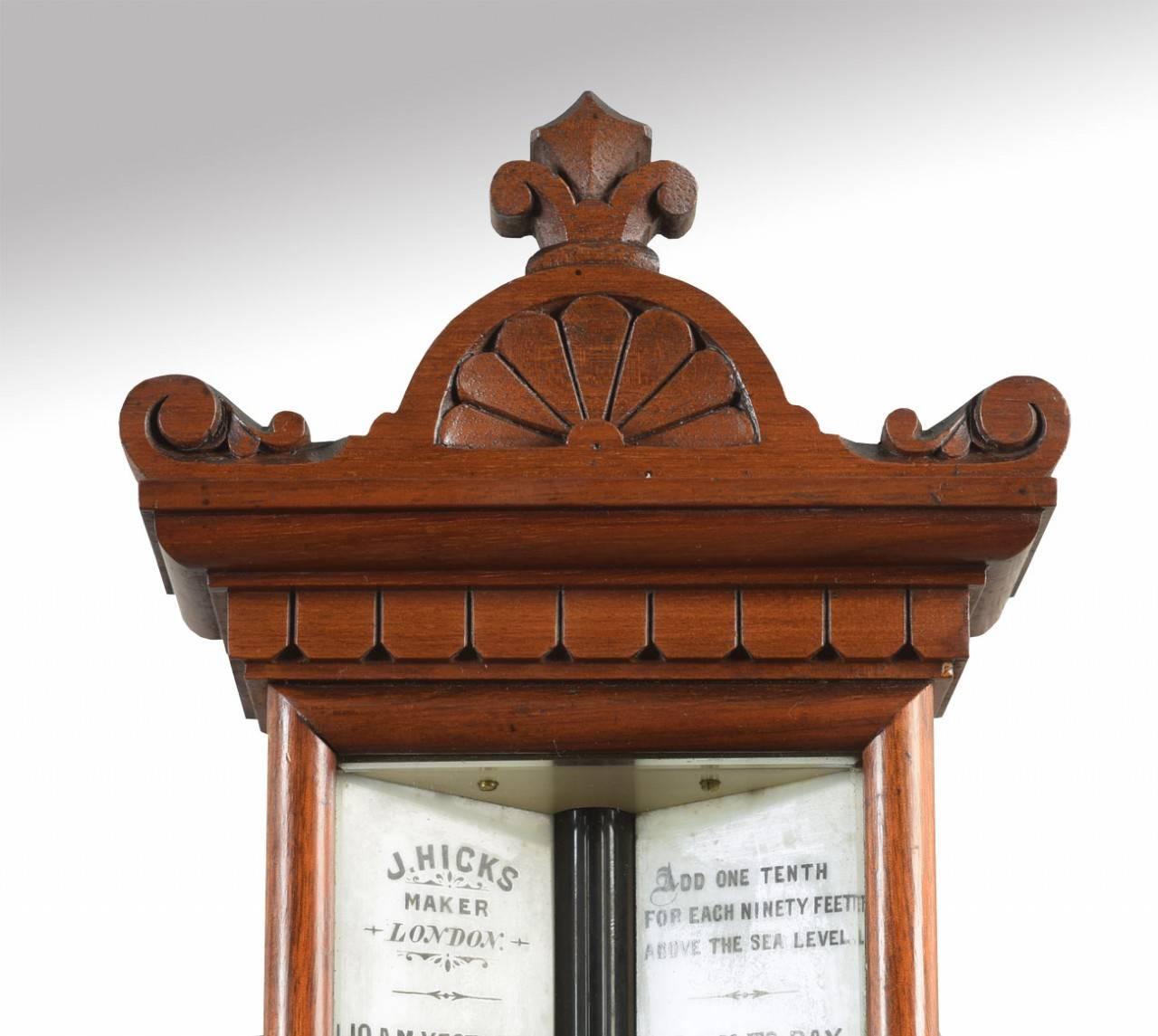 English Late Victorian Oak Cased Stick Barometer and Thermometer by J Hicks of London
