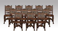 Set of Fourteen Baroque Style Walnut Dining Chairs