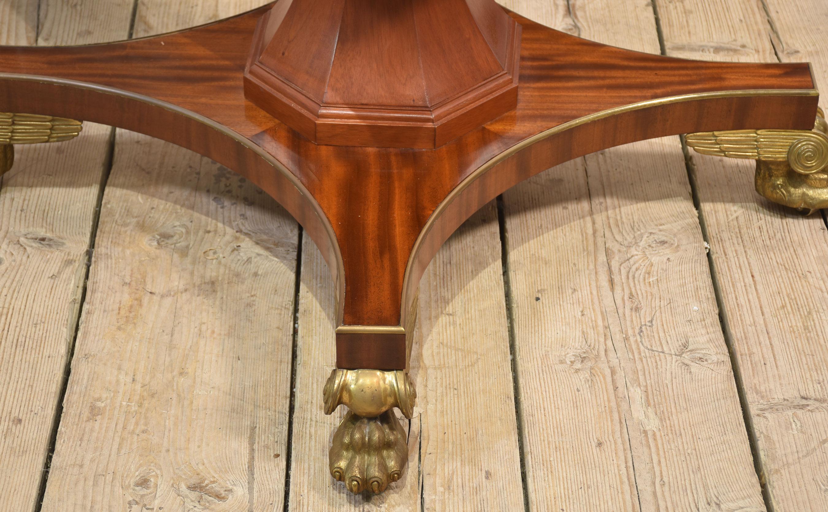 Mahogany coffee table. The well-figured circular top having brass brass-bound edge. Raised on a splayed platform base terminating in paw feet and brass castors.
Dimensions
Height 20 Inches
Width 54.5 Inches
Depth 54.5 Inches