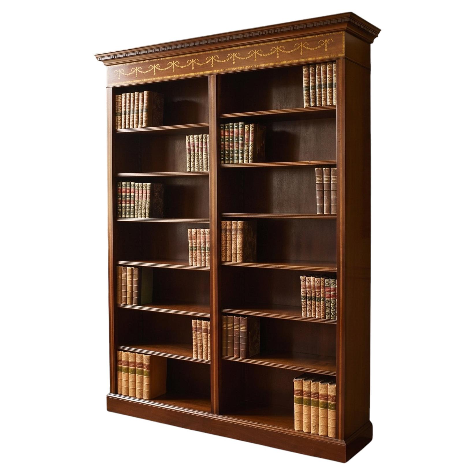 Sheraton Revival Inlaid Mahogany Open Bookcase For Sale