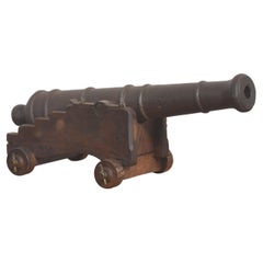 19th Century Cast Iron Signal Cannon On Oak Carriage