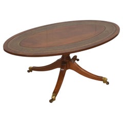 Oval Mahogany And Tooled-Leather Coffee Table