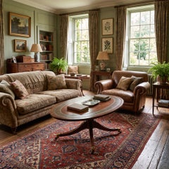 Oval Mahogany And Tooled-Leather Coffee Table