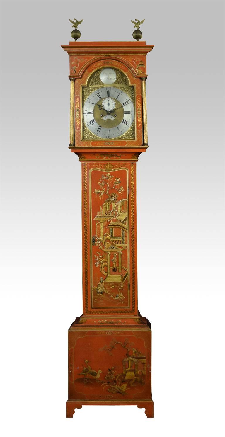 Chinoiserie Japanned longcase clock, the dial signed Henj Isaac Knarebro, the arched hood with two brass eagle finials above the trunk with shaped door, on square base and plinth foot, the whole decorated with gilt pagoda and figural landscapes,