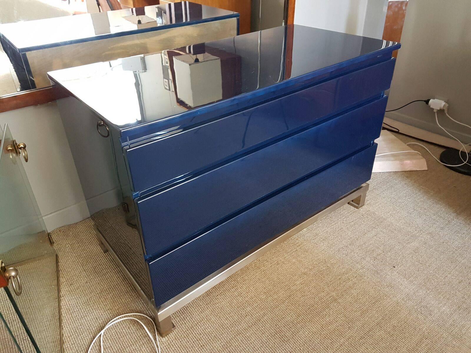Guy Lefevre for Jansen sideboard, 1970s, blue-lacquered wood, nickeled brass, three drawers.