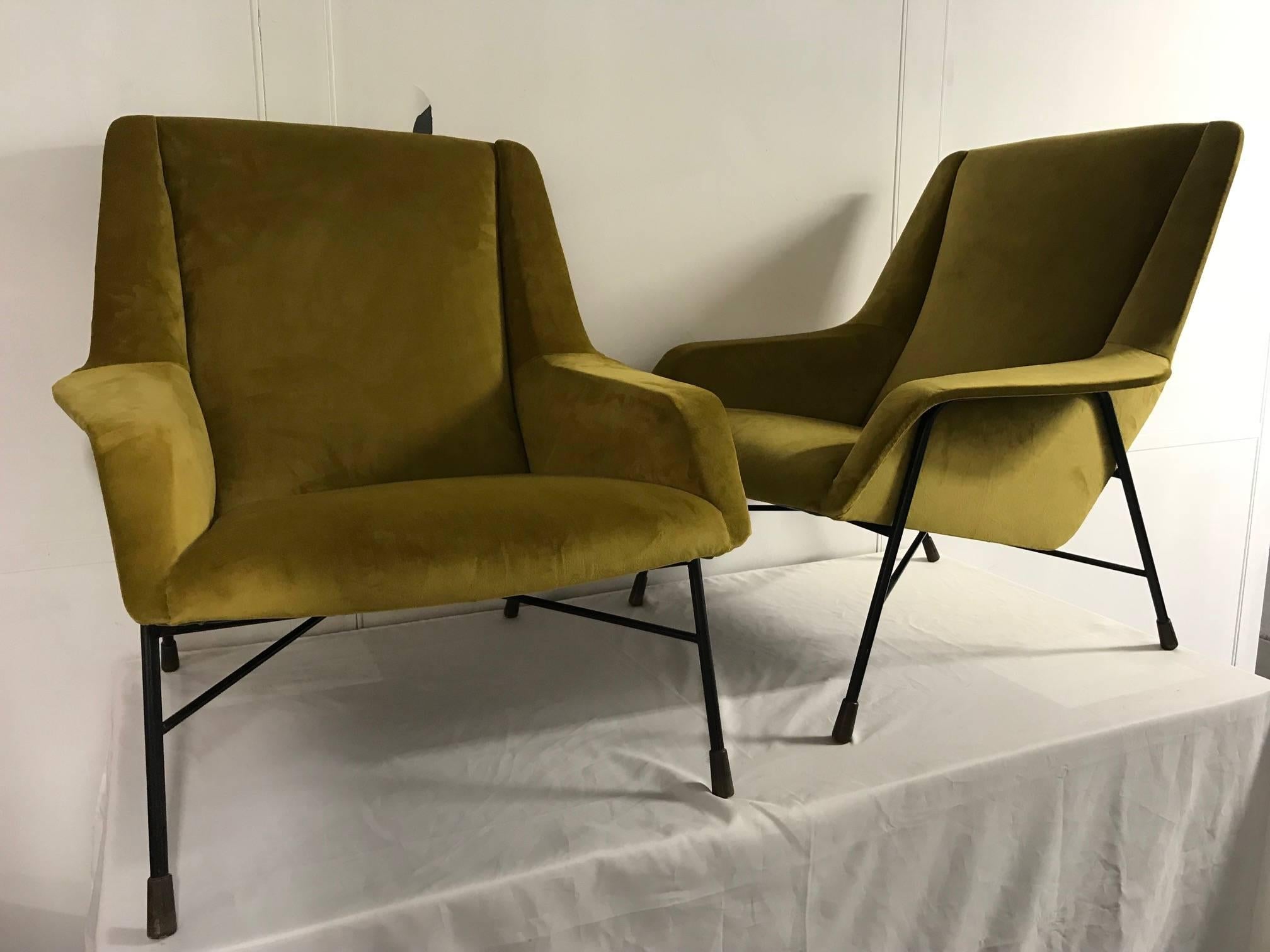 Pair of italian armchairs, 1960s, recently reupholstered with a yellow velvet.