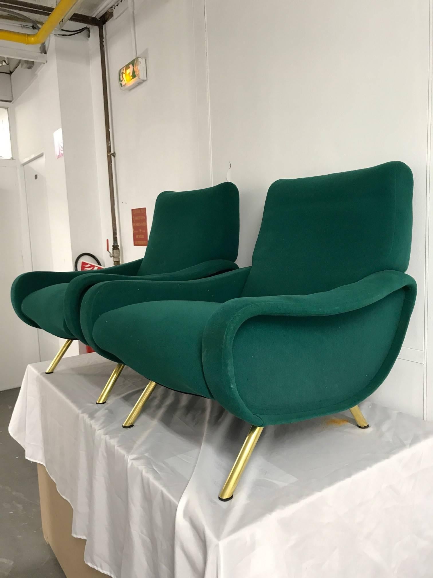 Pair of "Lady" armchairs for Arflex, brass feet, recently reupholstered.
By Marco Zanuso, Italy, 1950s.