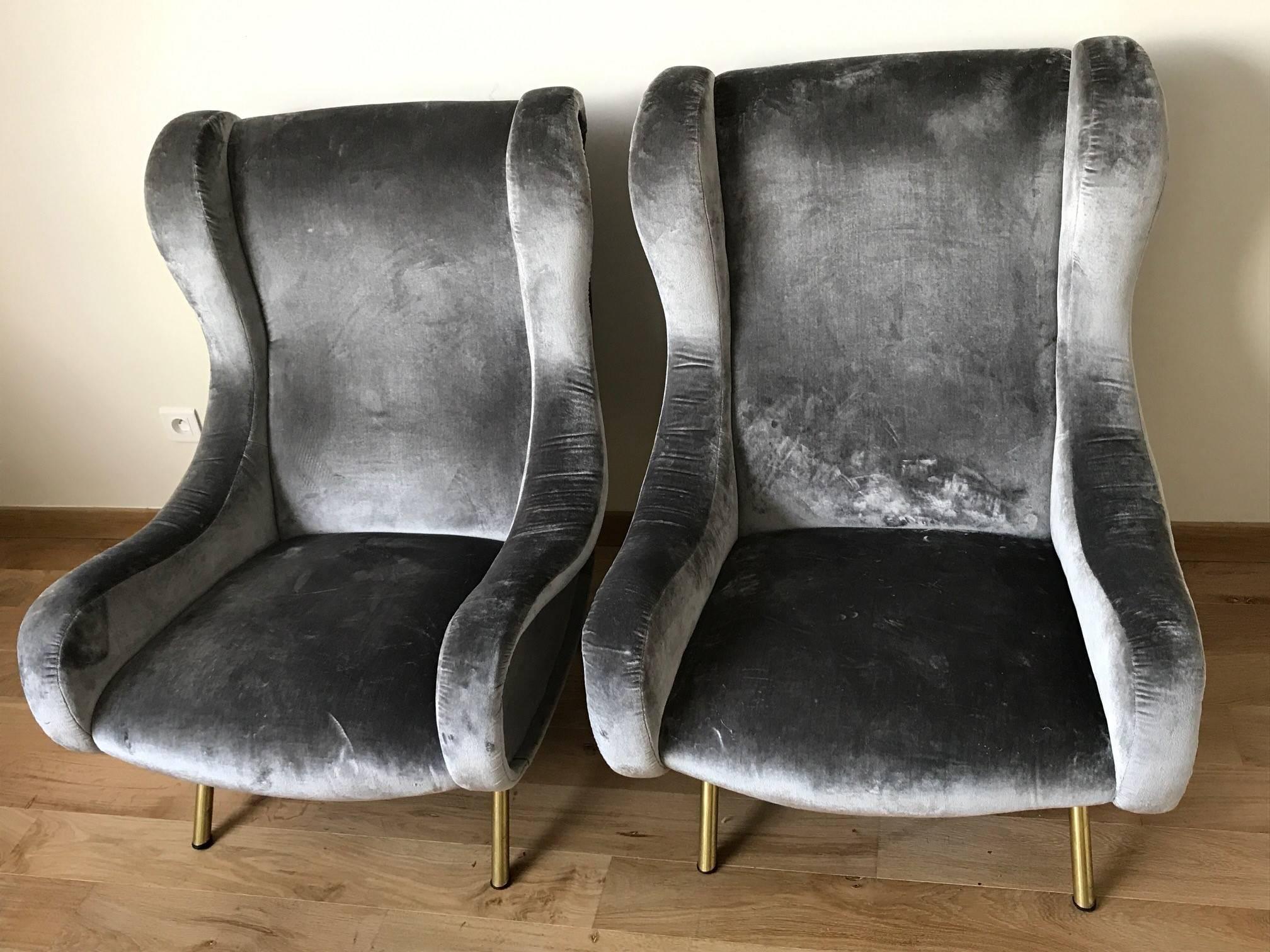 Pair of Senior armchairs by Marco Zanuso for Arflex, 1950s, recently re-upholstered in a blue-grey silk velvet by Holland & Cherry.