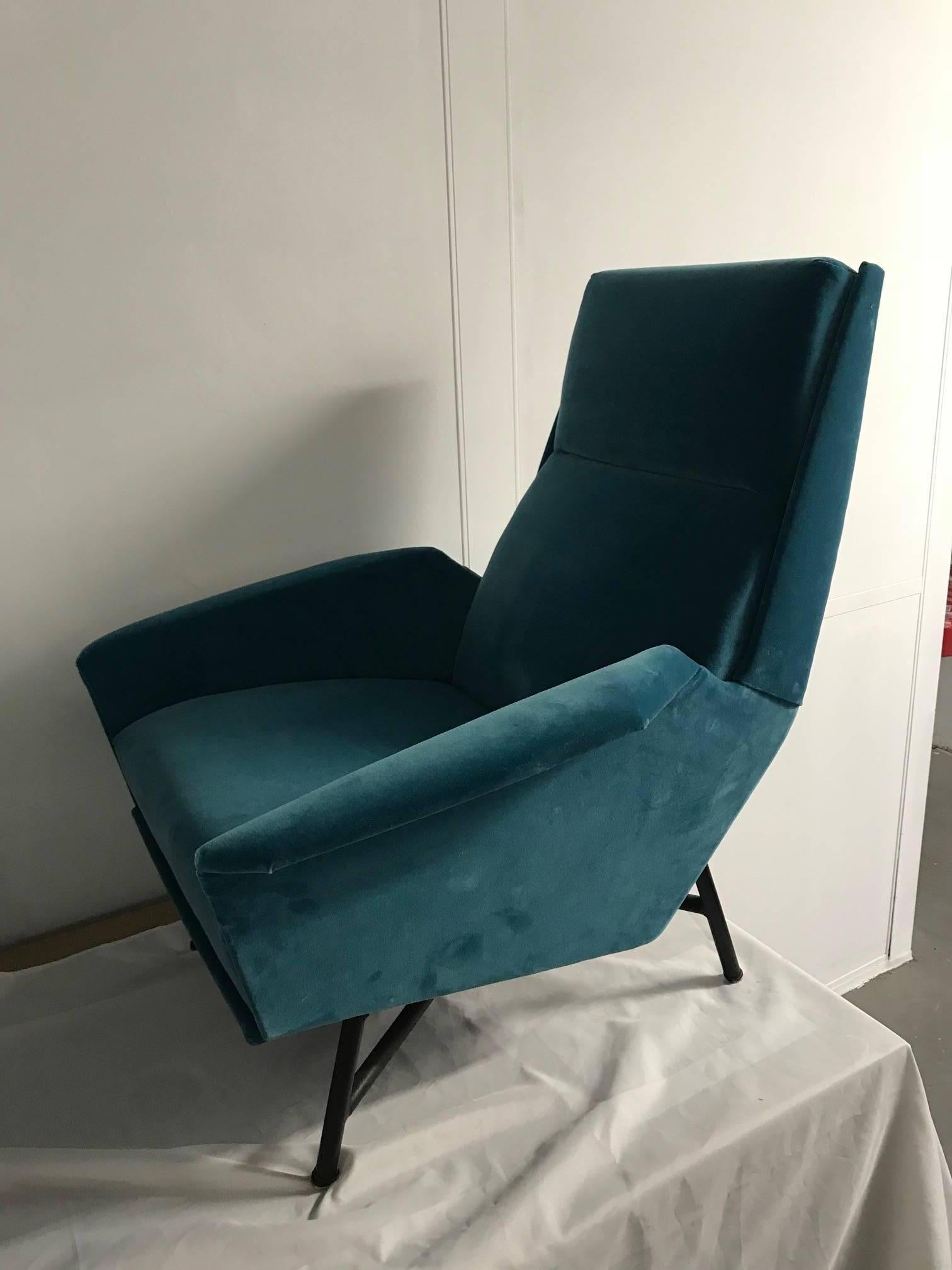 Pair of armchairs by Claude Delor, France, 1960s recently reupholstered with a blue velvet.