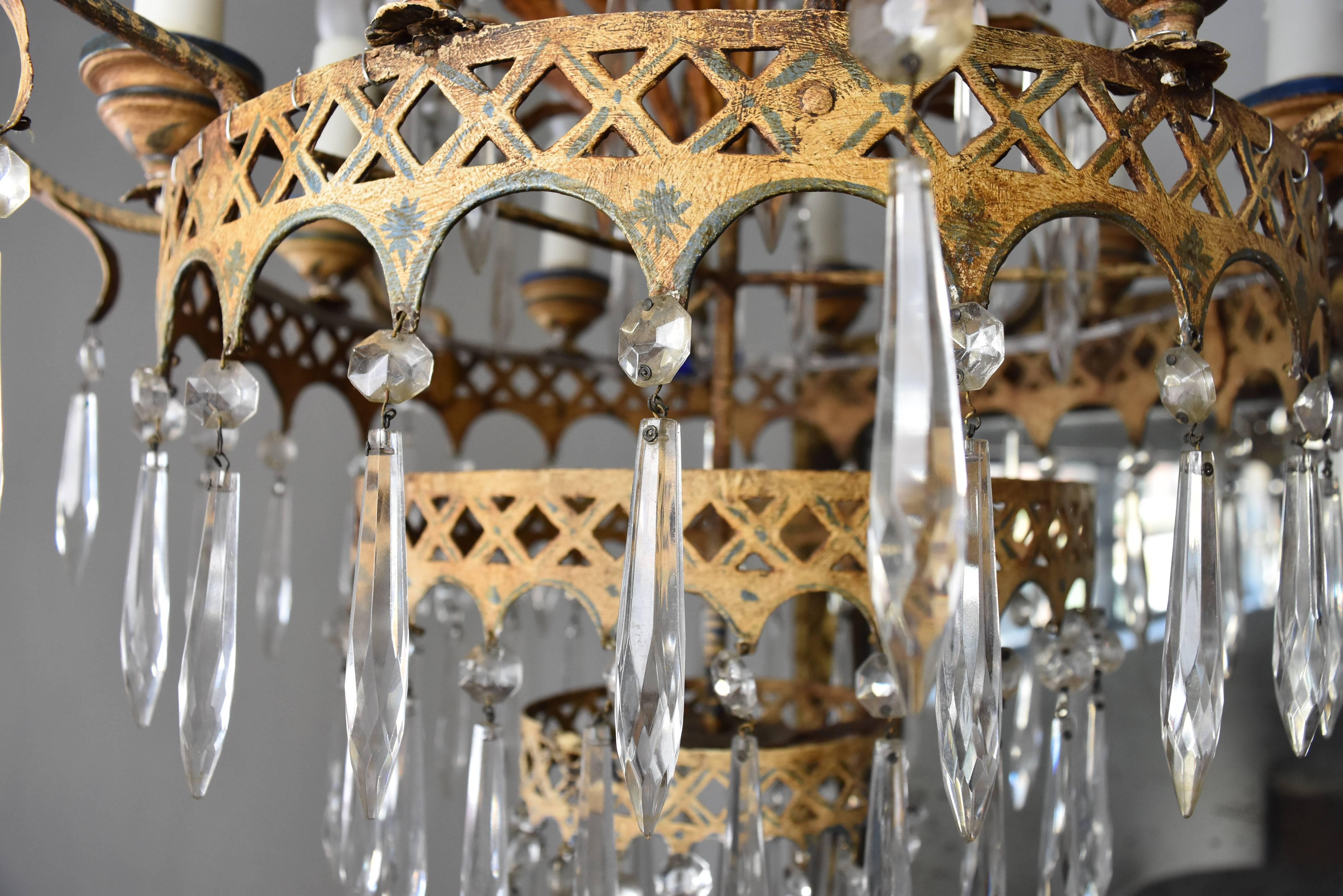 19th Century Italian Corona Tole Chandelier with Eight Arms and Crystals 4