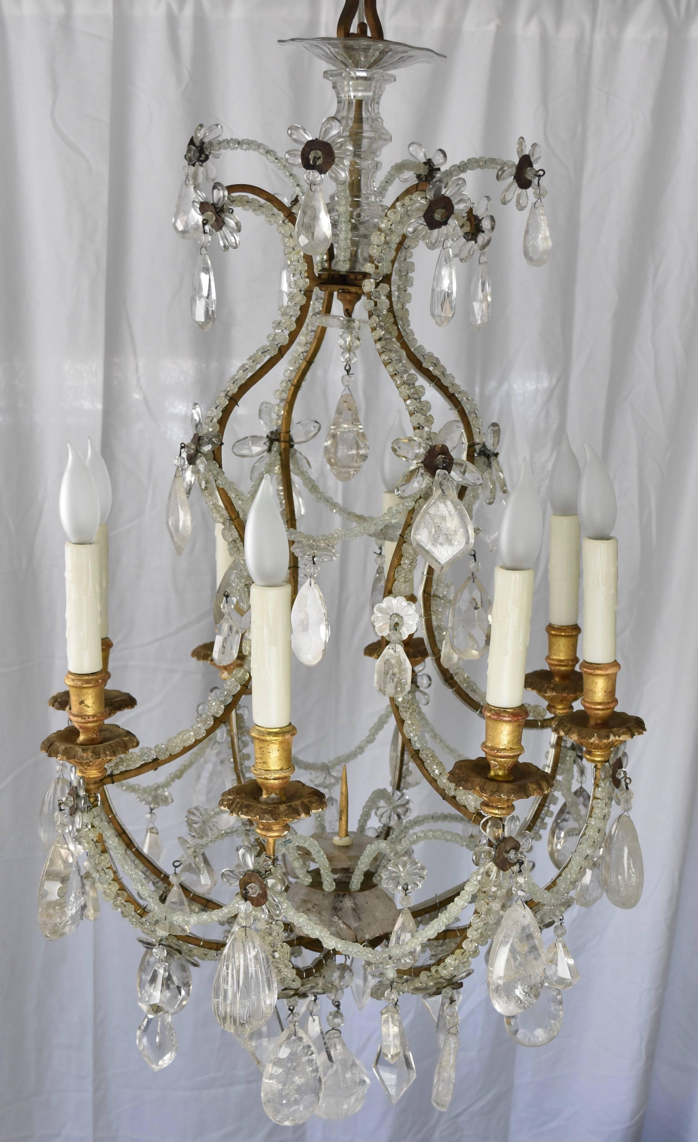 19th Century Beaded Italian Chandelier with Gilt Wooden Bobeches & Rock Crystals 3