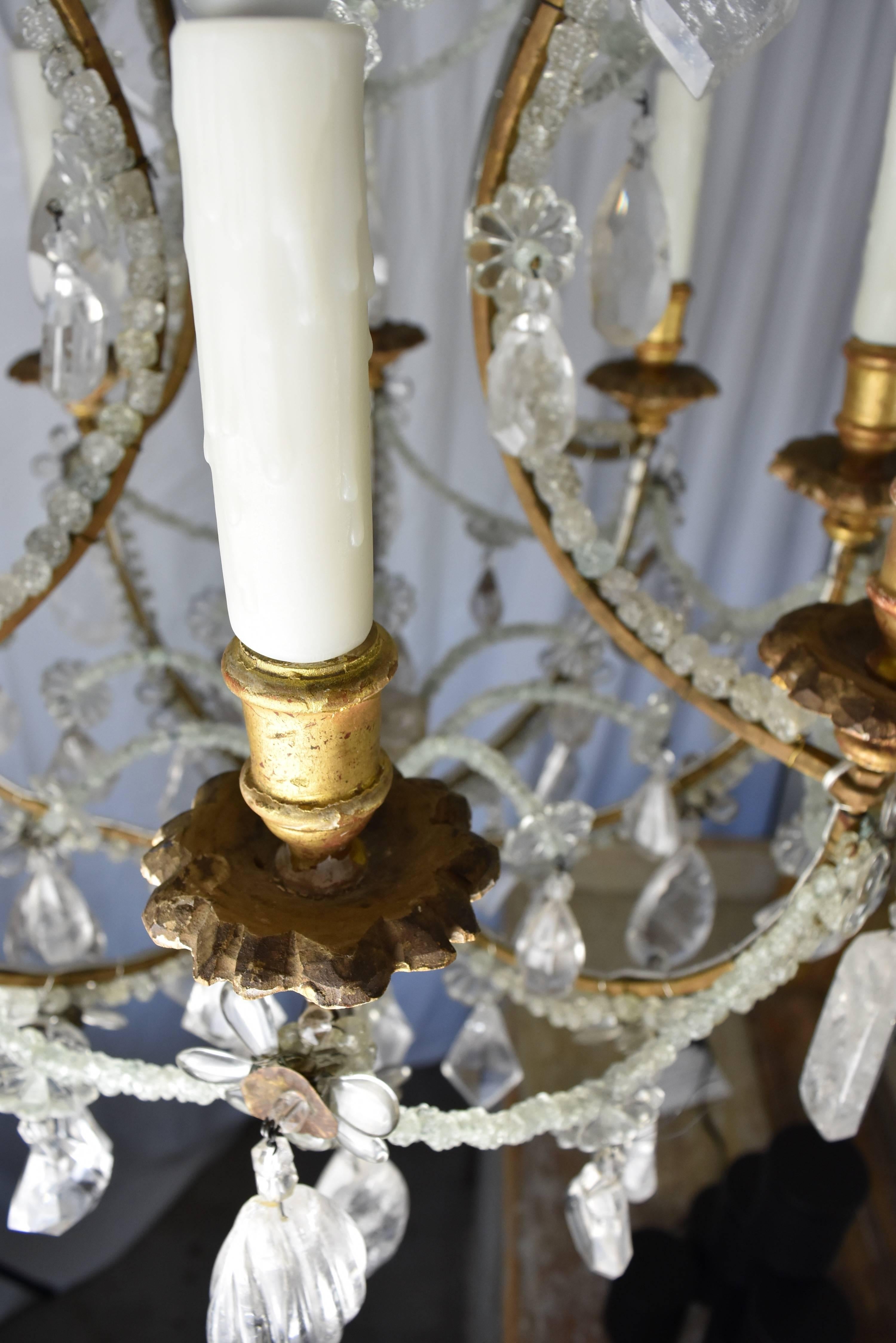 19th Century Beaded Italian Chandelier with Gilt Wooden Bobeches & Rock Crystals 4