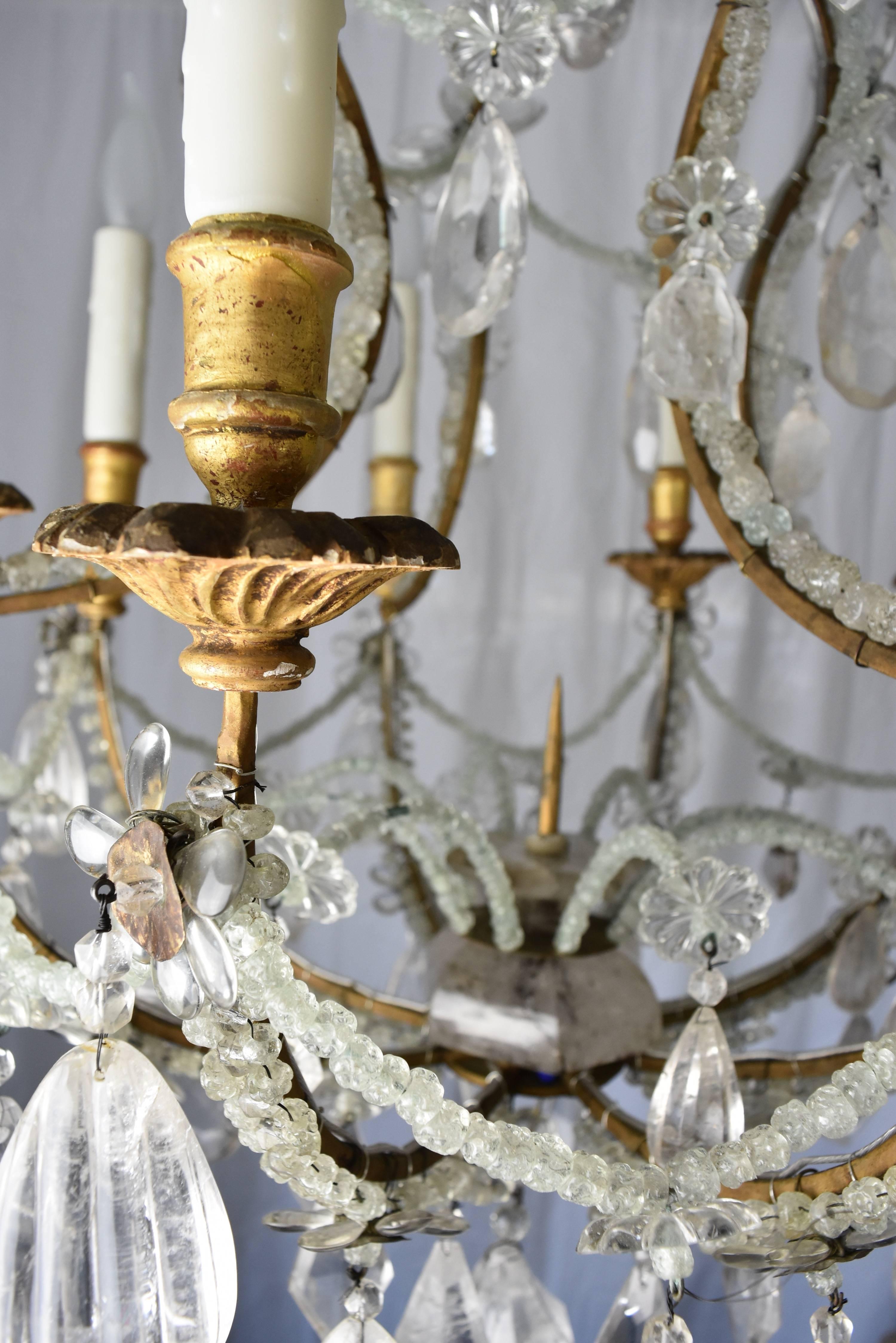 19th Century Beaded Italian Chandelier with Gilt Wooden Bobeches & Rock Crystals 5