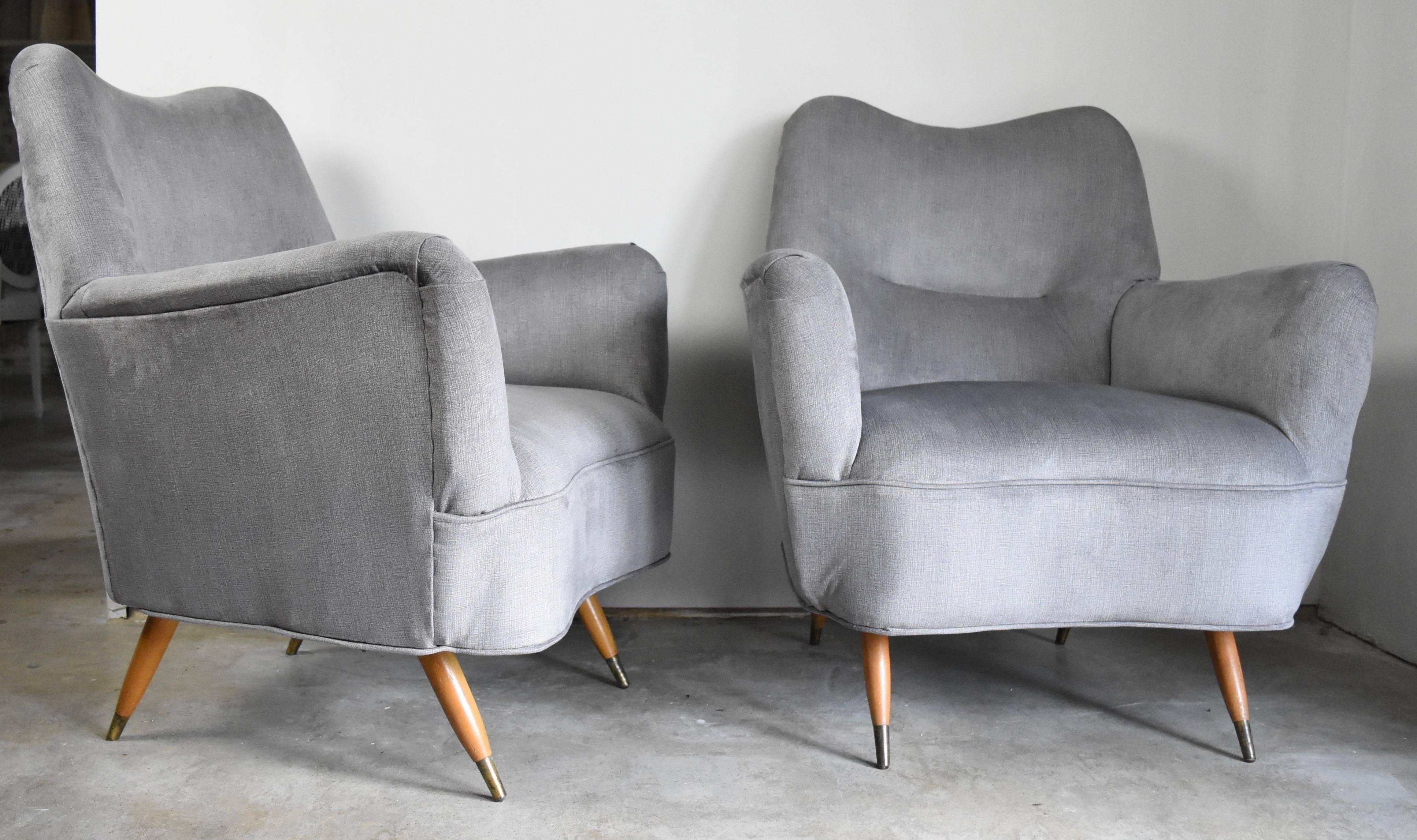 European Mid-Century Armchairs with Tapered Light Wood Leg and Brass Tips 2