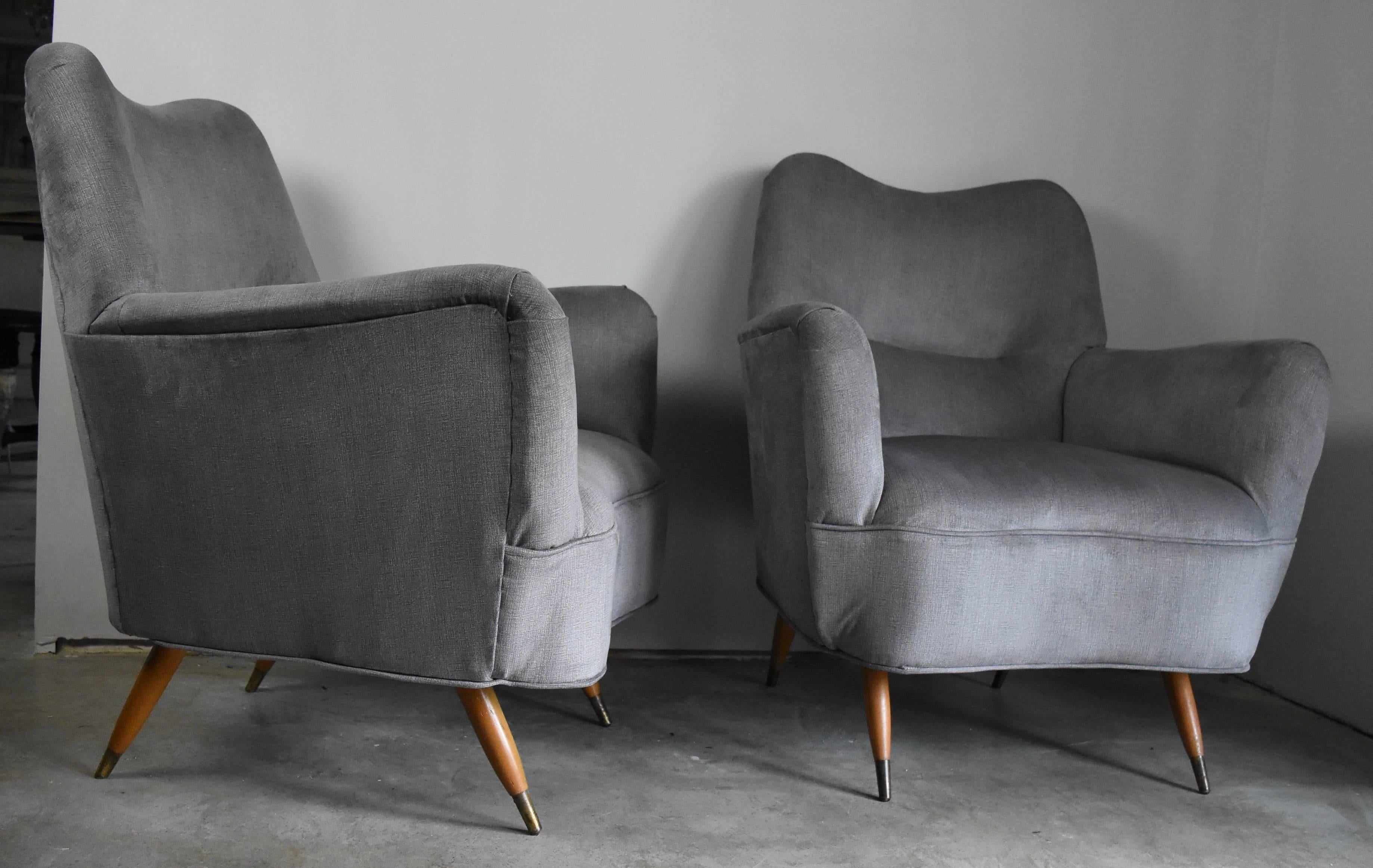 European Mid-Century Armchairs with Tapered Light Wood Leg and Brass Tips 3
