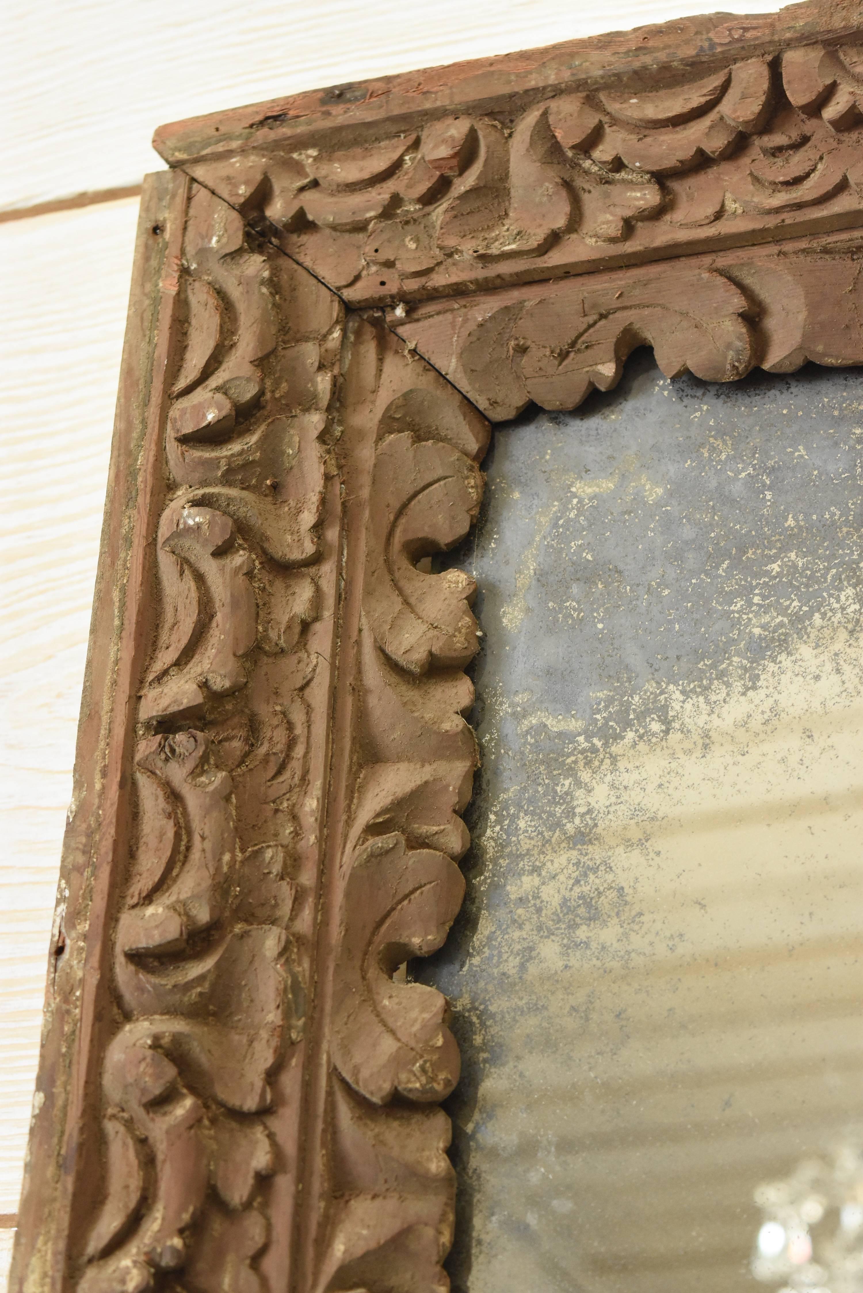 17th Century Spanish Wood Carved Frame with Hints of Plaster and Later Mirror In Good Condition In Houston, TX