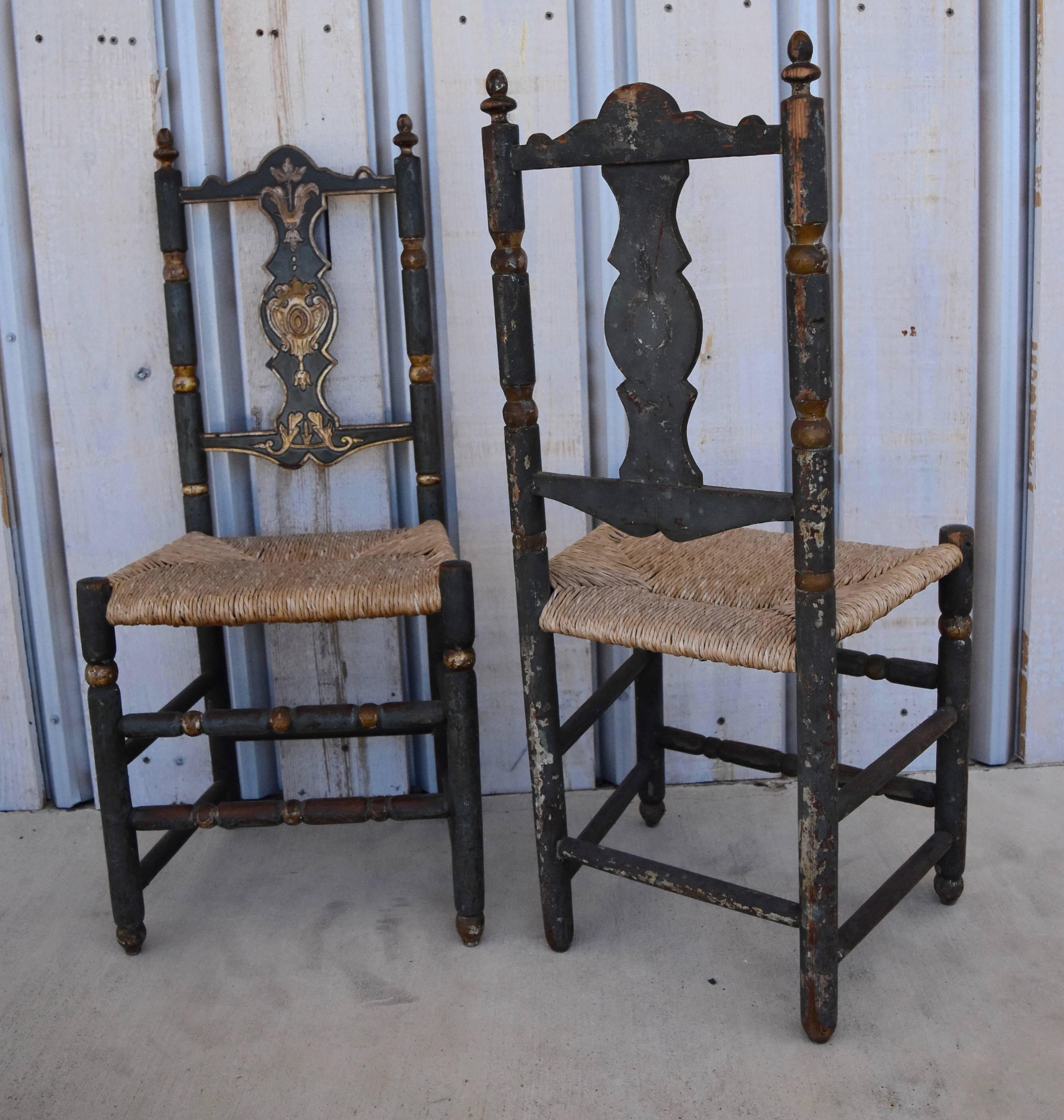 Painted Six Italian Saint Anna Chairs from Abruzzo with Blue Paint and Rush Seats