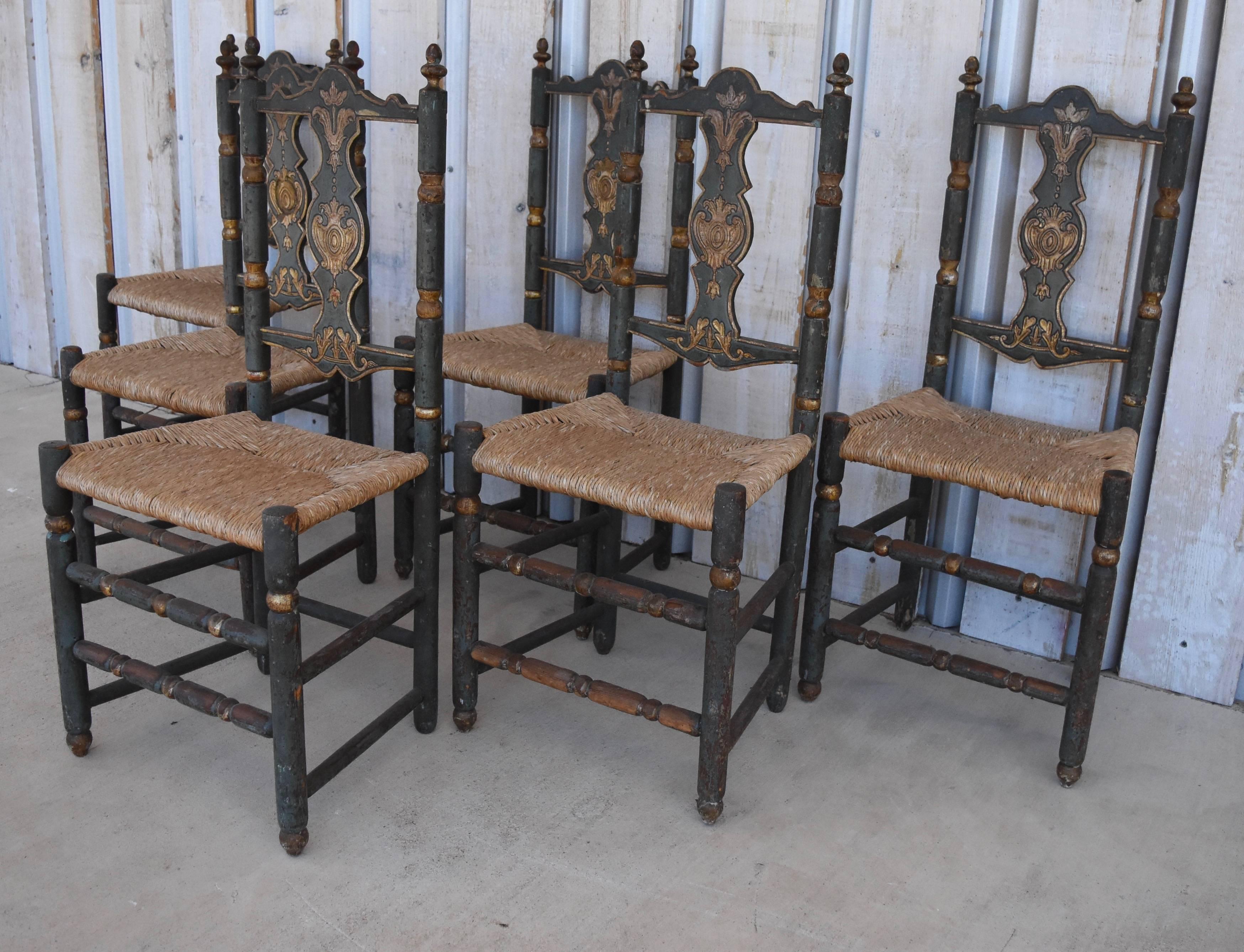 Six Italian Saint Anna Chairs from Abruzzo with Blue Paint and Rush Seats In Good Condition In Houston, TX