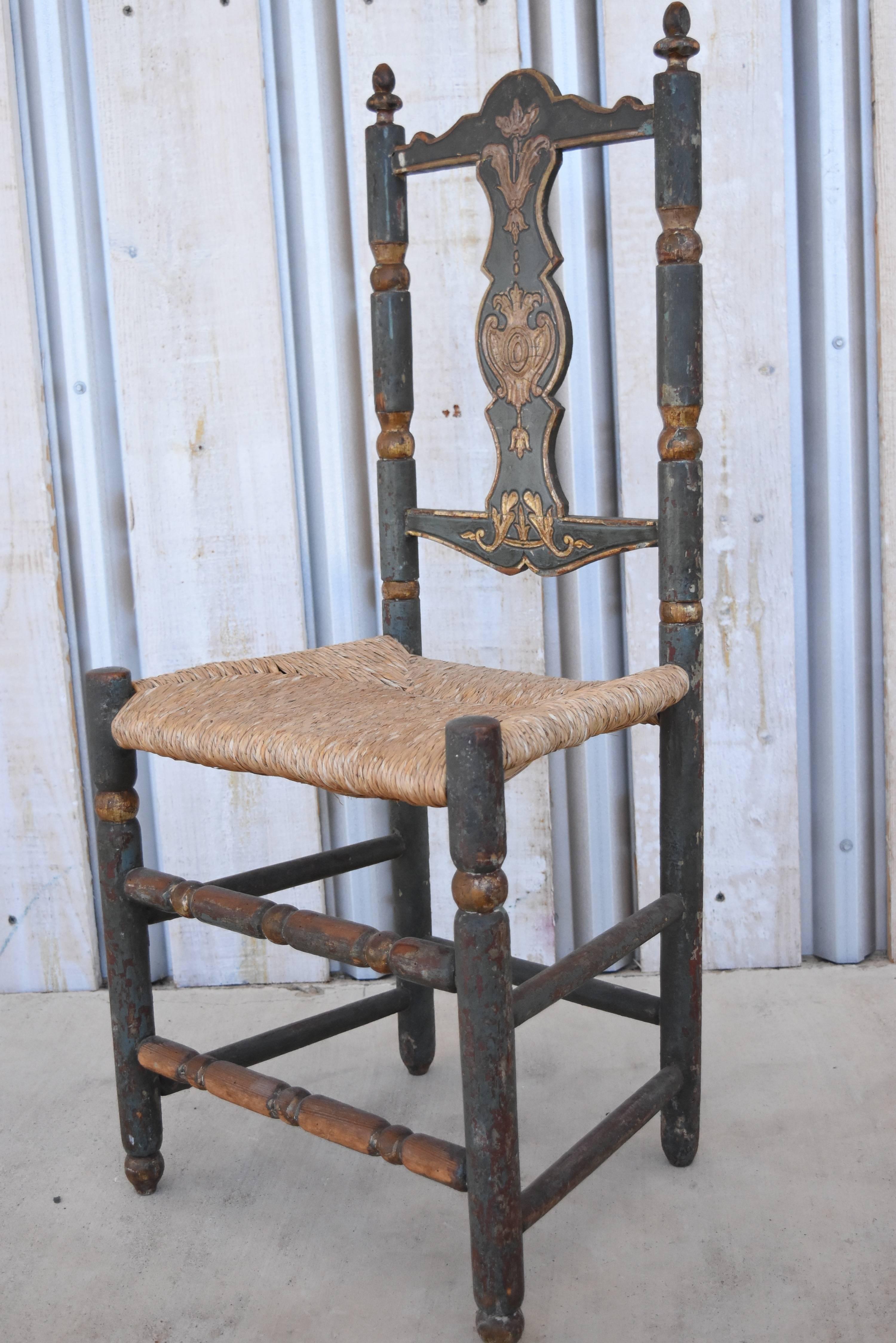 Wood Six Italian Saint Anna Chairs from Abruzzo with Blue Paint and Rush Seats