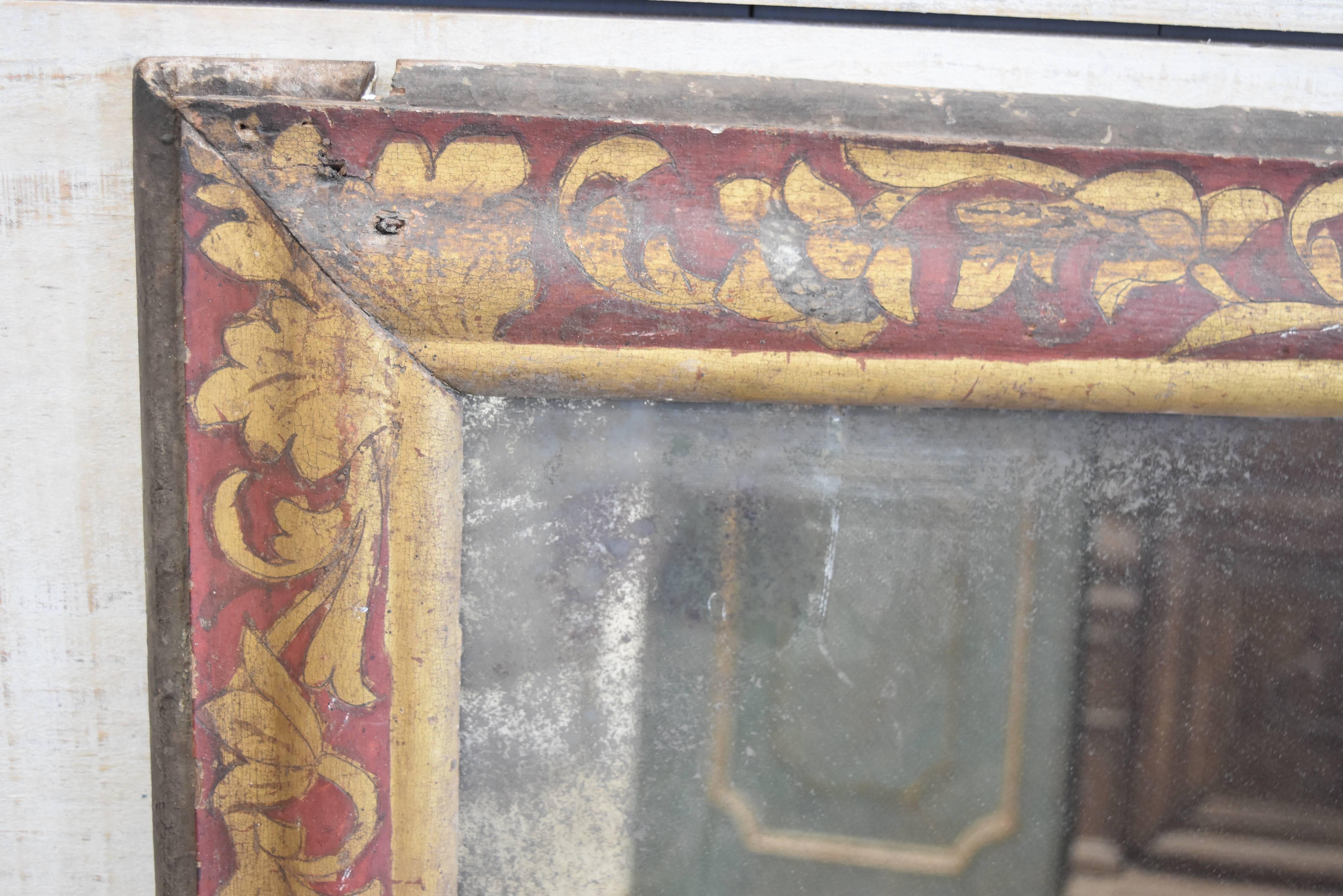 Early 18th Century Spanish Original Polychrome Red and Gold Gilt Framed Mirror In Distressed Condition In Houston, TX