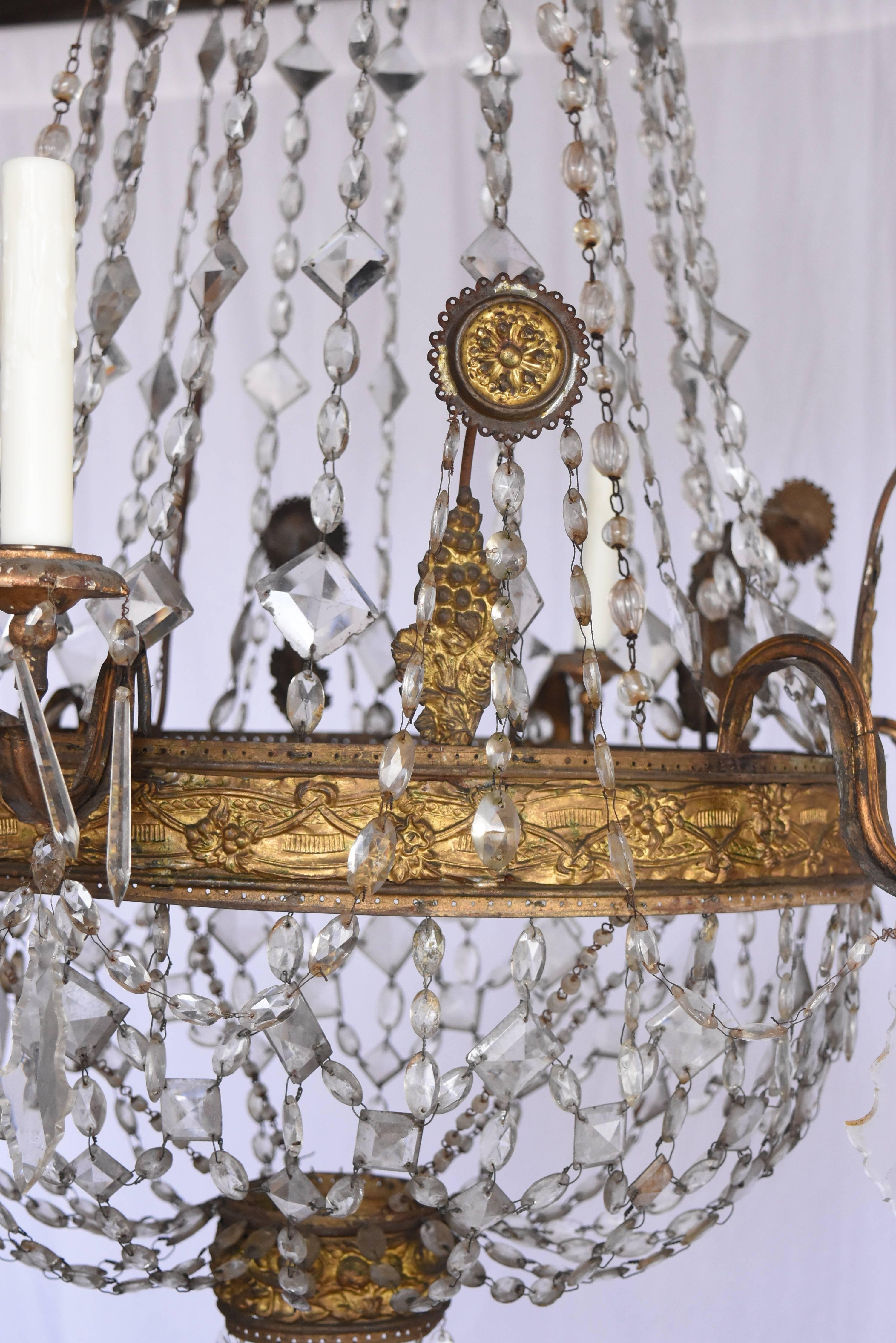 18th Century Italian Repousse' Metal Crystal Chandelier with Six Arms In Good Condition For Sale In Houston, TX