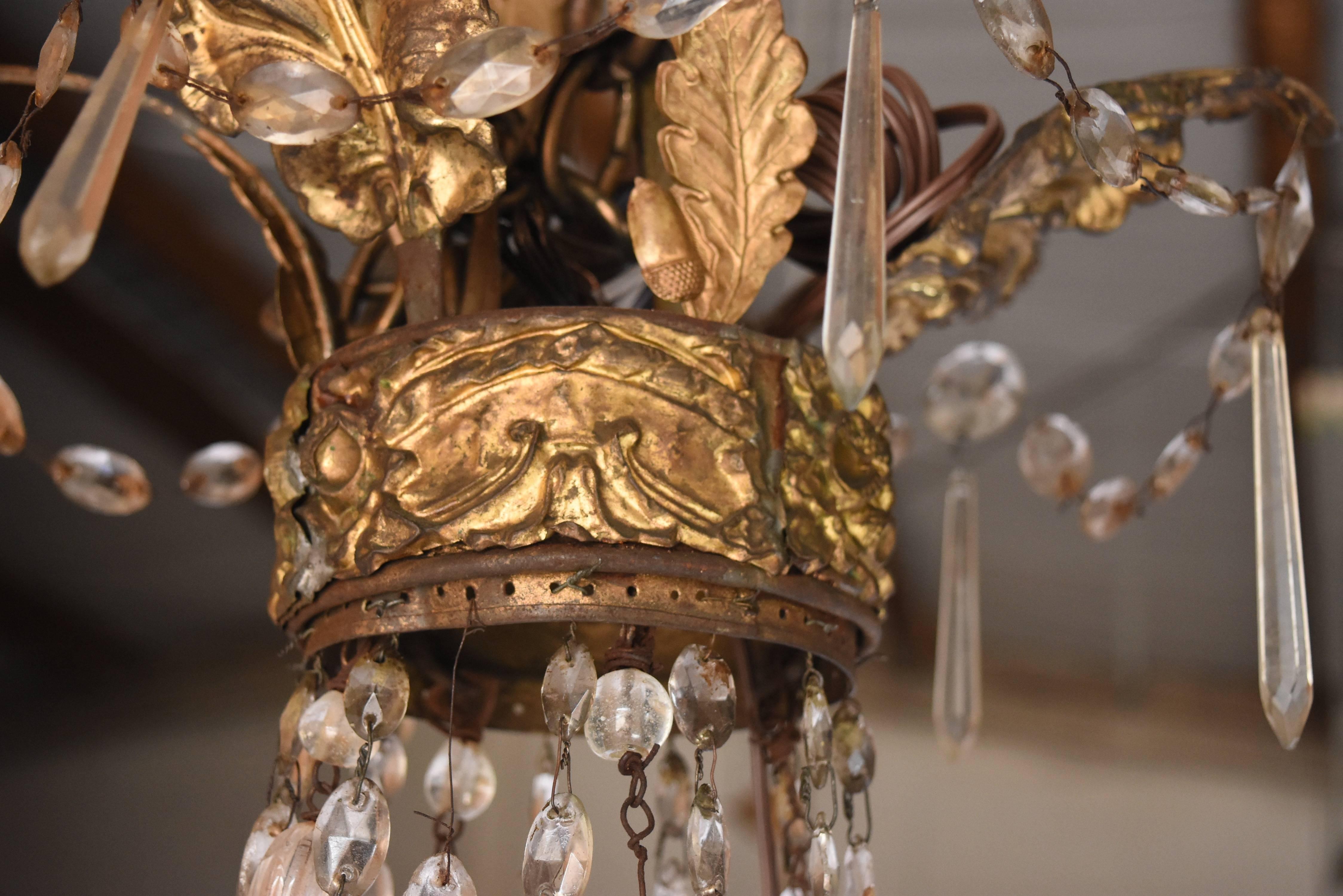 18th Century Italian Repousse' Metal Crystal Chandelier with Six Arms For Sale 1