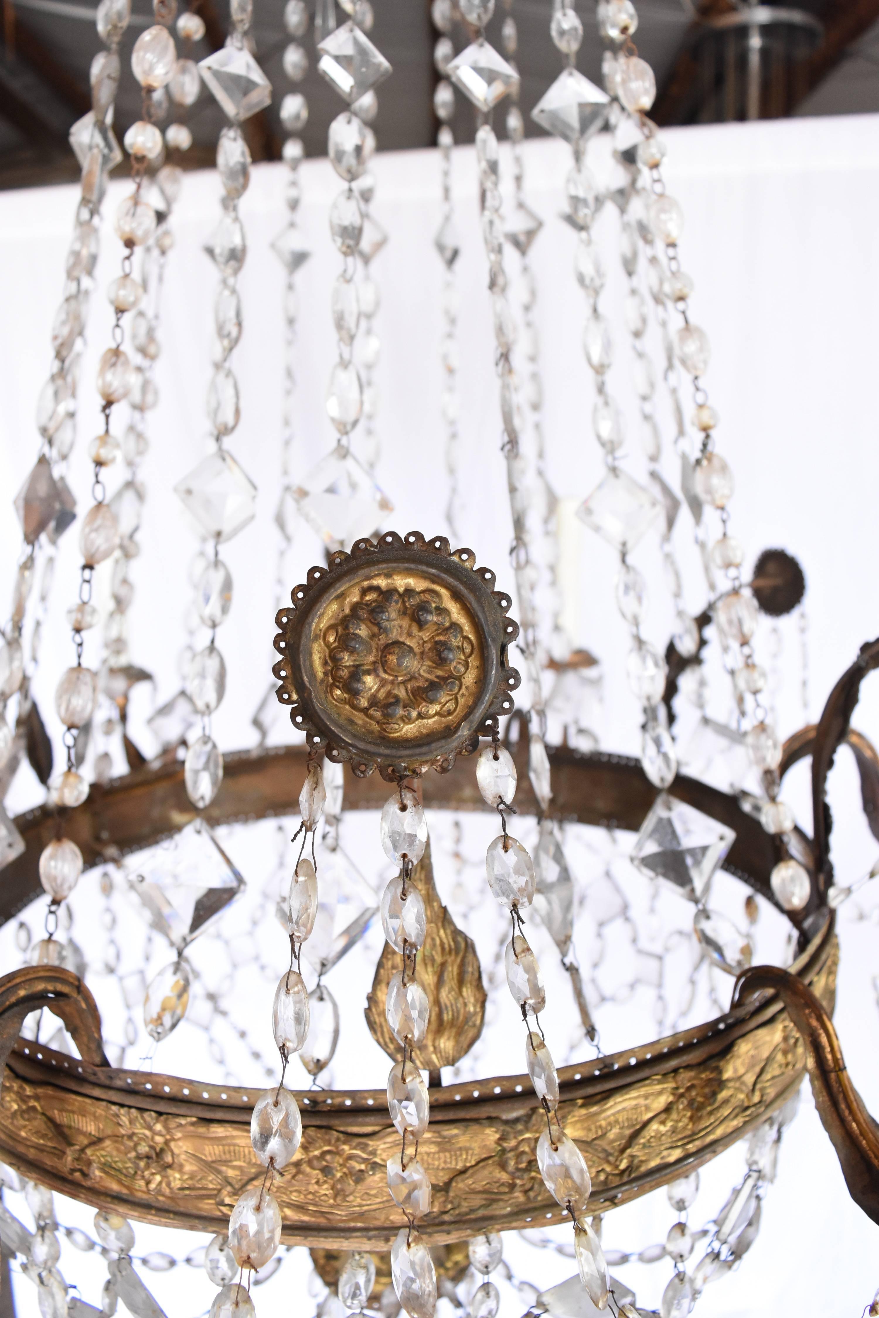 18th Century Italian Repousse' Metal Crystal Chandelier with Six Arms For Sale 2