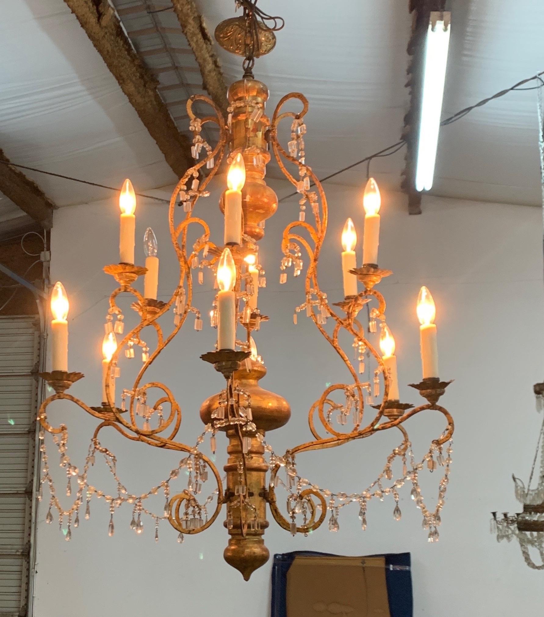 19th Century, Italian Wood, Iron and Crystal Chandelier In Good Condition In Houston, TX