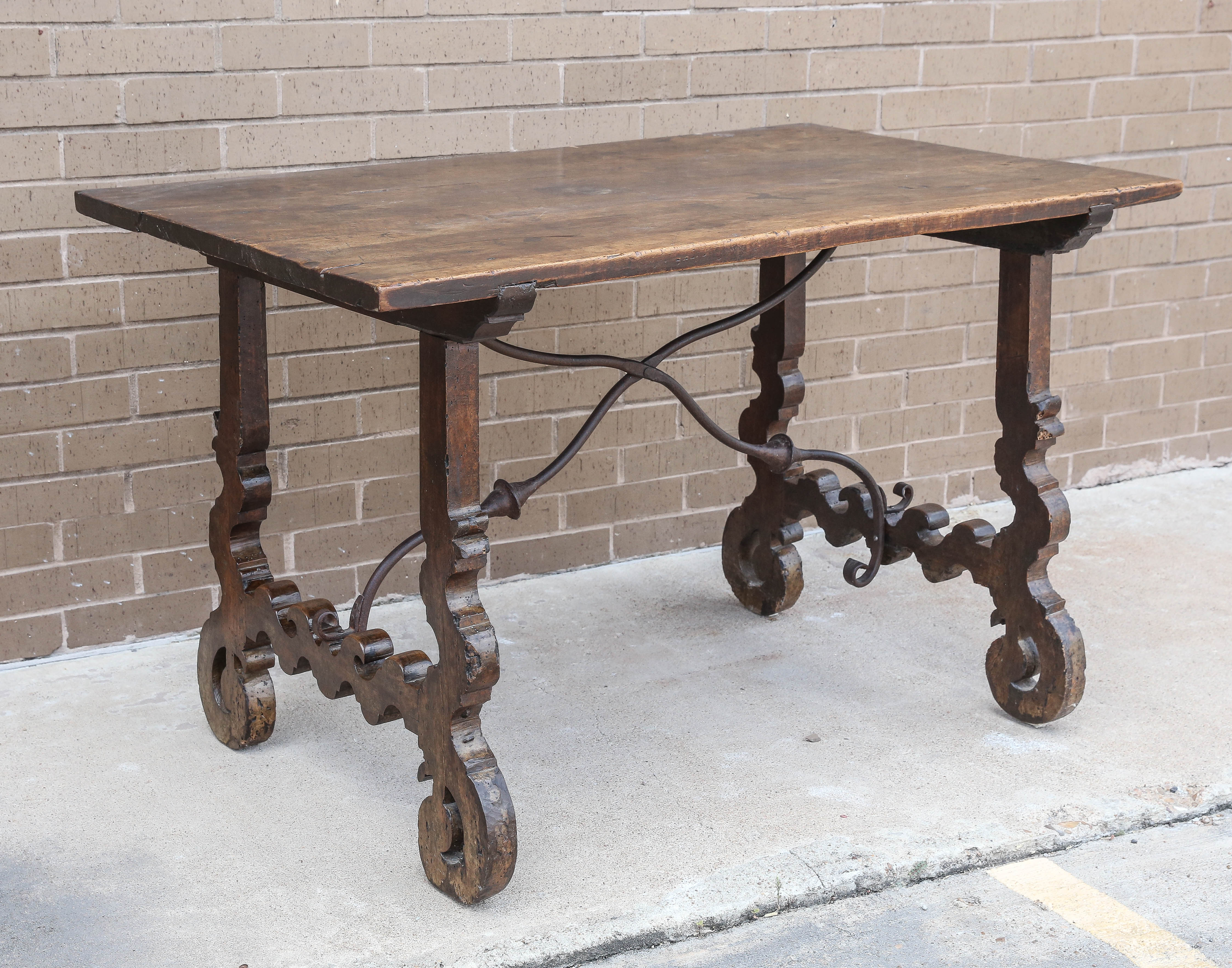 17th Century, Walnut Italian Table with Iron Stretcher