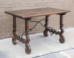 Used 17th Century, Walnut Italian Table with Iron Stretcher