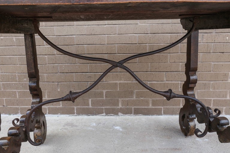 18th Century and Earlier 17th Century, Walnut Italian Table with Iron Stretcher For Sale