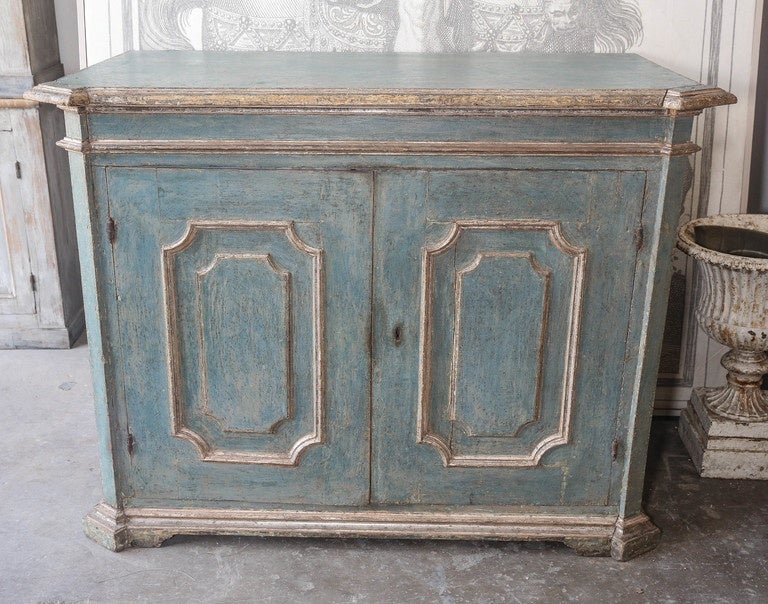 Extremely rare and beautiful 18th century Italian credenza with original blue paint and silver leaf from Venice, Italy.
