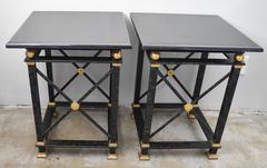 French Directoire Vintage Black and Gold Iron Side Tables with Black Marble Top