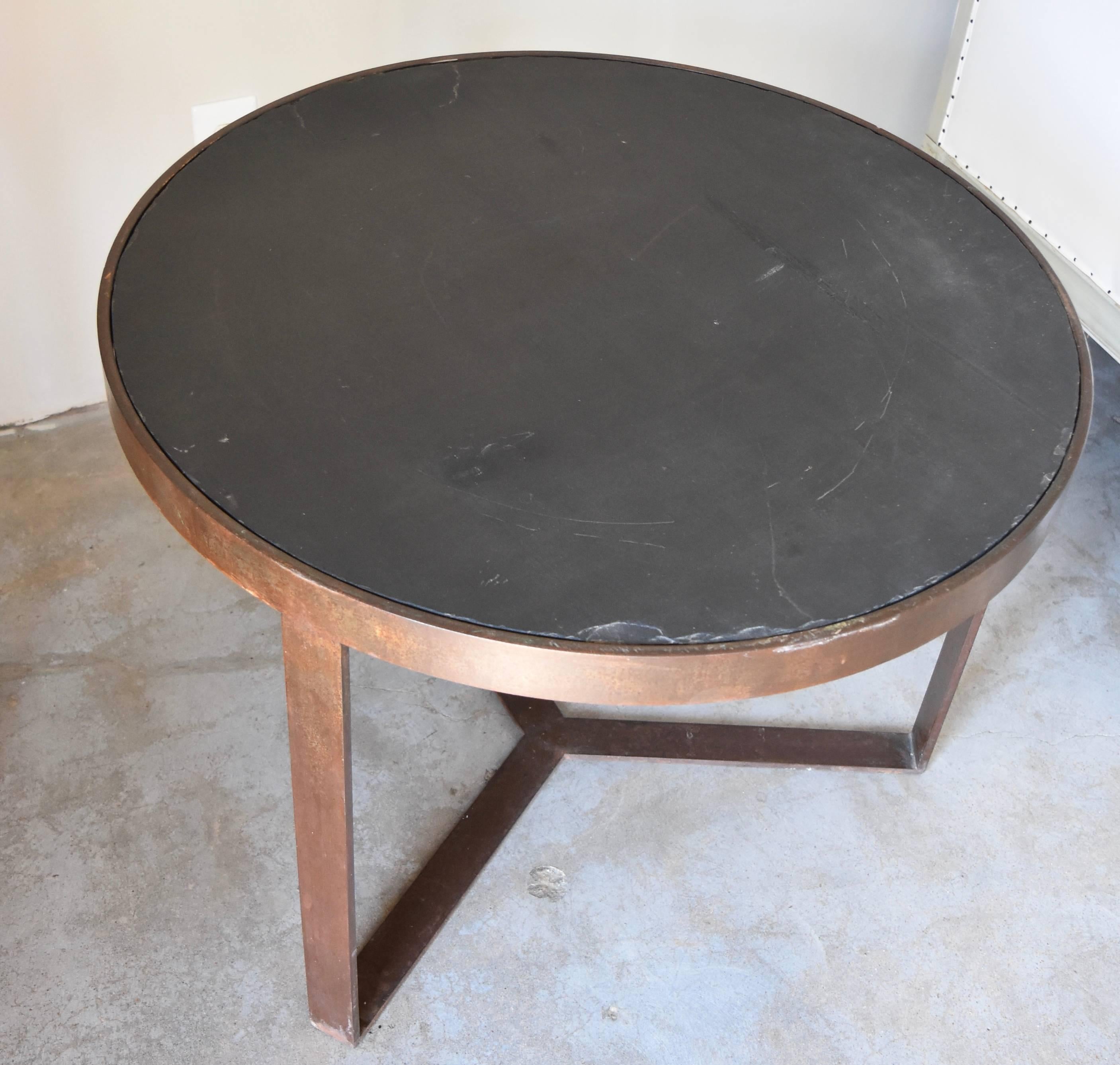 Handmade European Black Iron Round Side Table with Black Slate Top In Excellent Condition In Houston, TX
