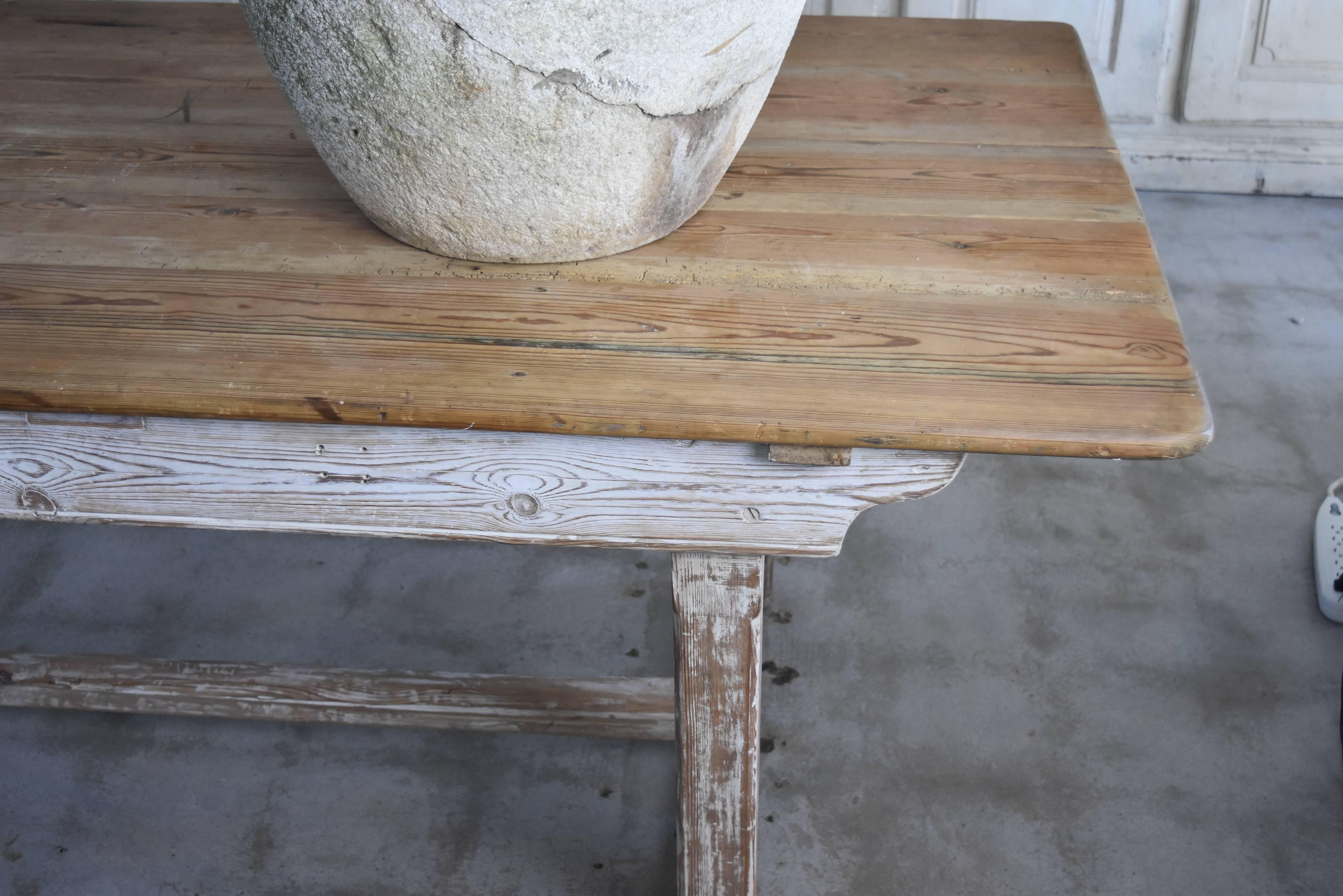 Hand-Painted 19th Century French Farm Table in Pine with Creamy White Painted Base