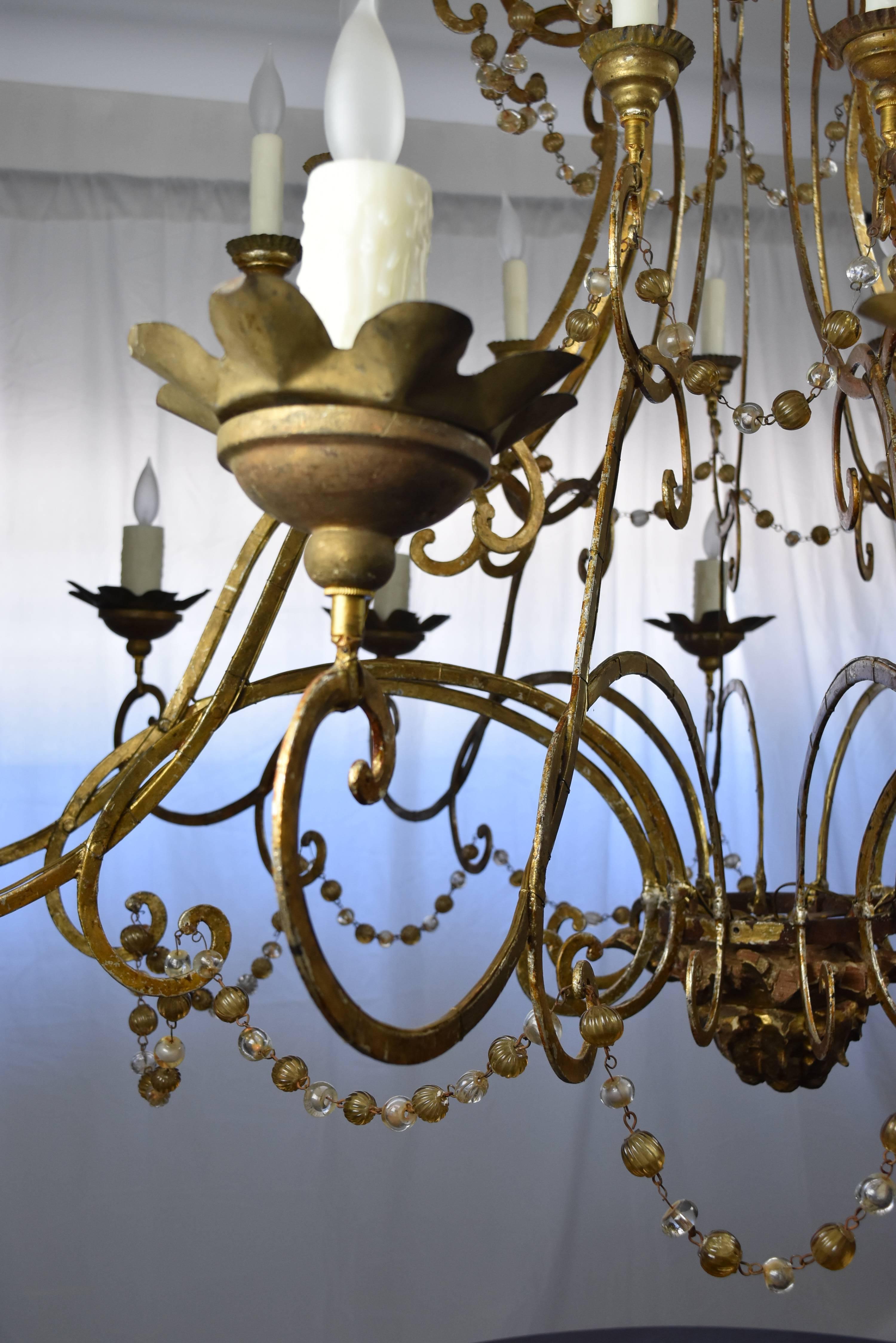 Gilt Metal Italian 18th Century Gold Gilt Elements, Glass Bead and Iron Chandelier