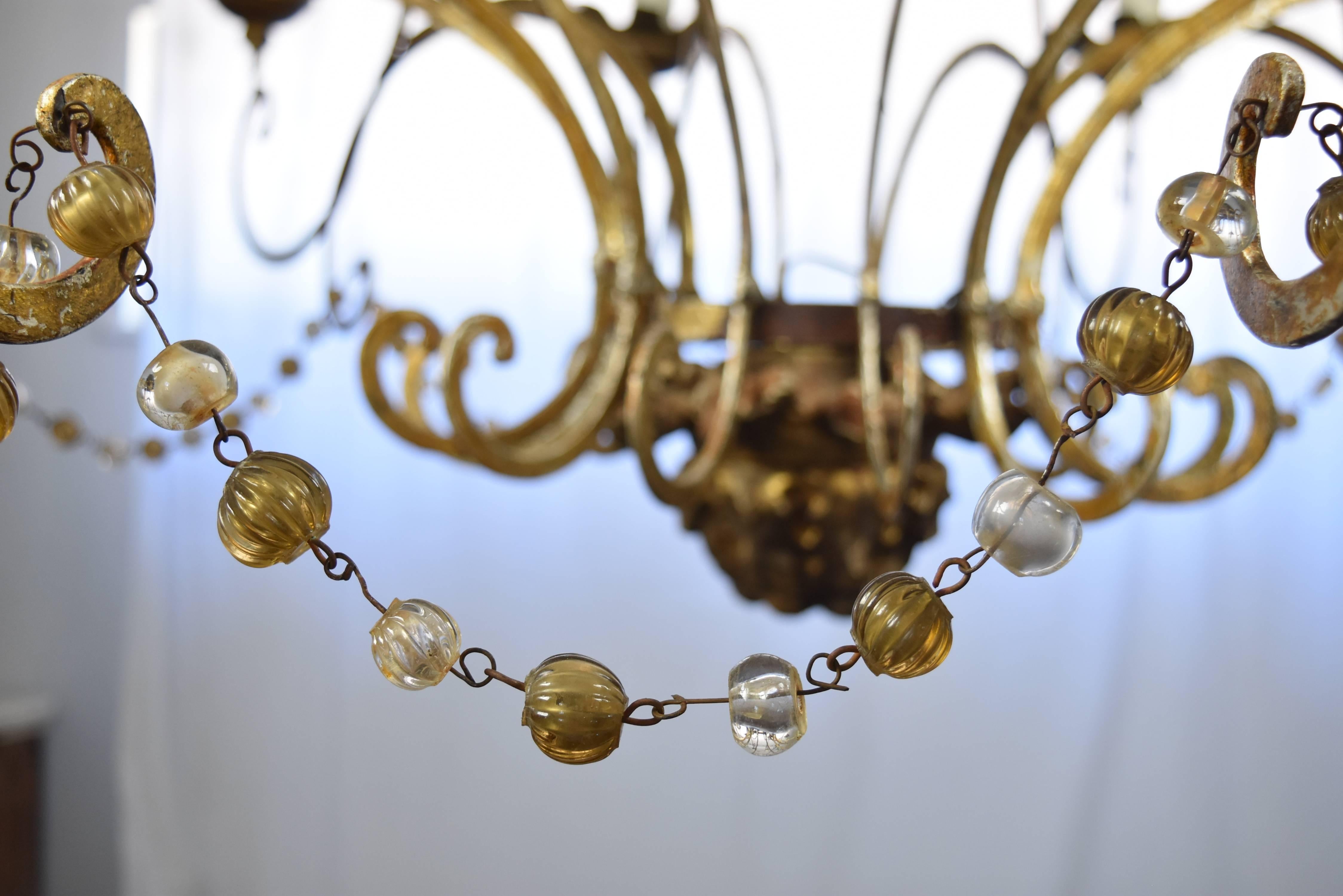 18th Century and Earlier Italian 18th Century Gold Gilt Elements, Glass Bead and Iron Chandelier