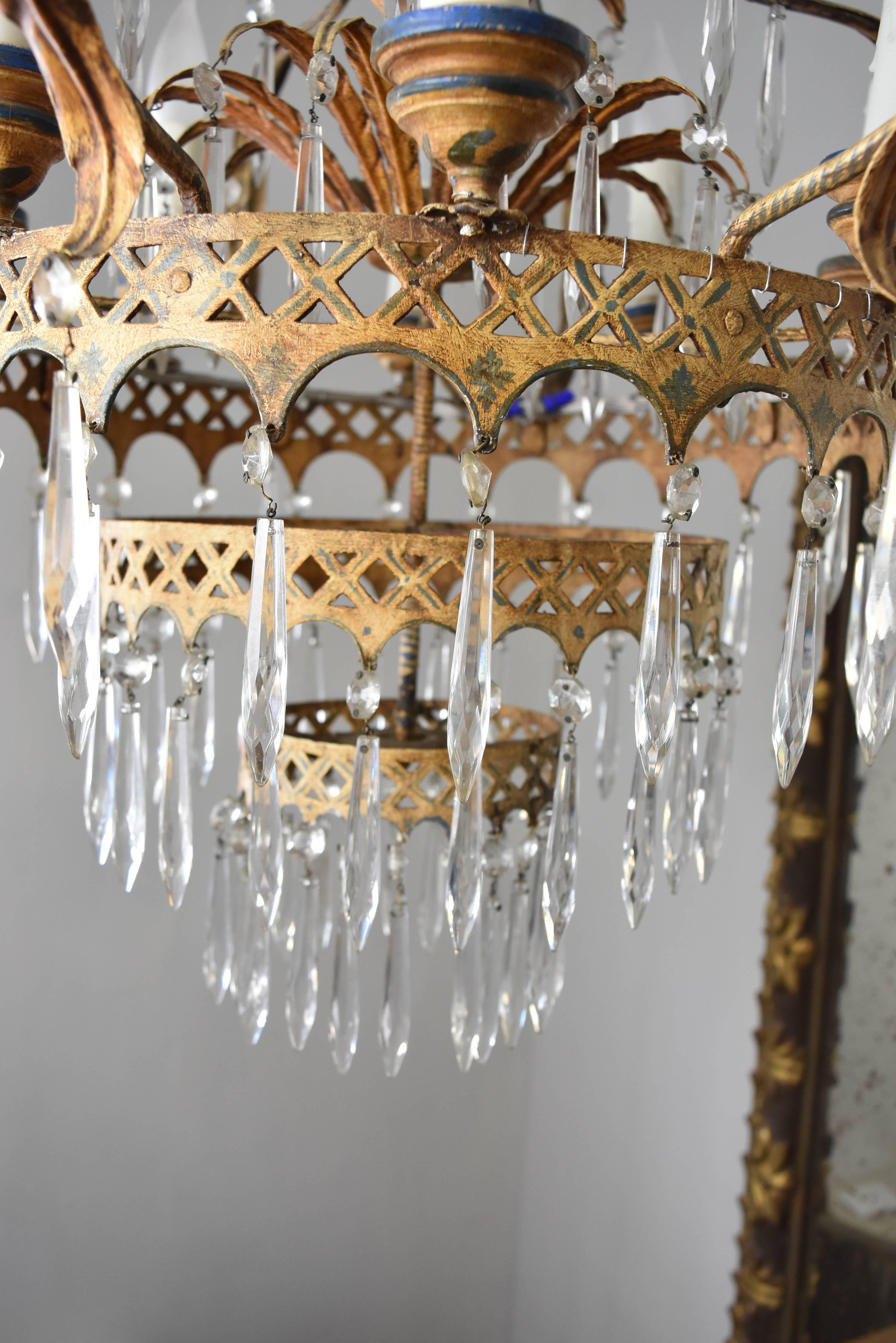 19th Century Italian Corona Tole Chandelier with Eight Arms and Crystals 1