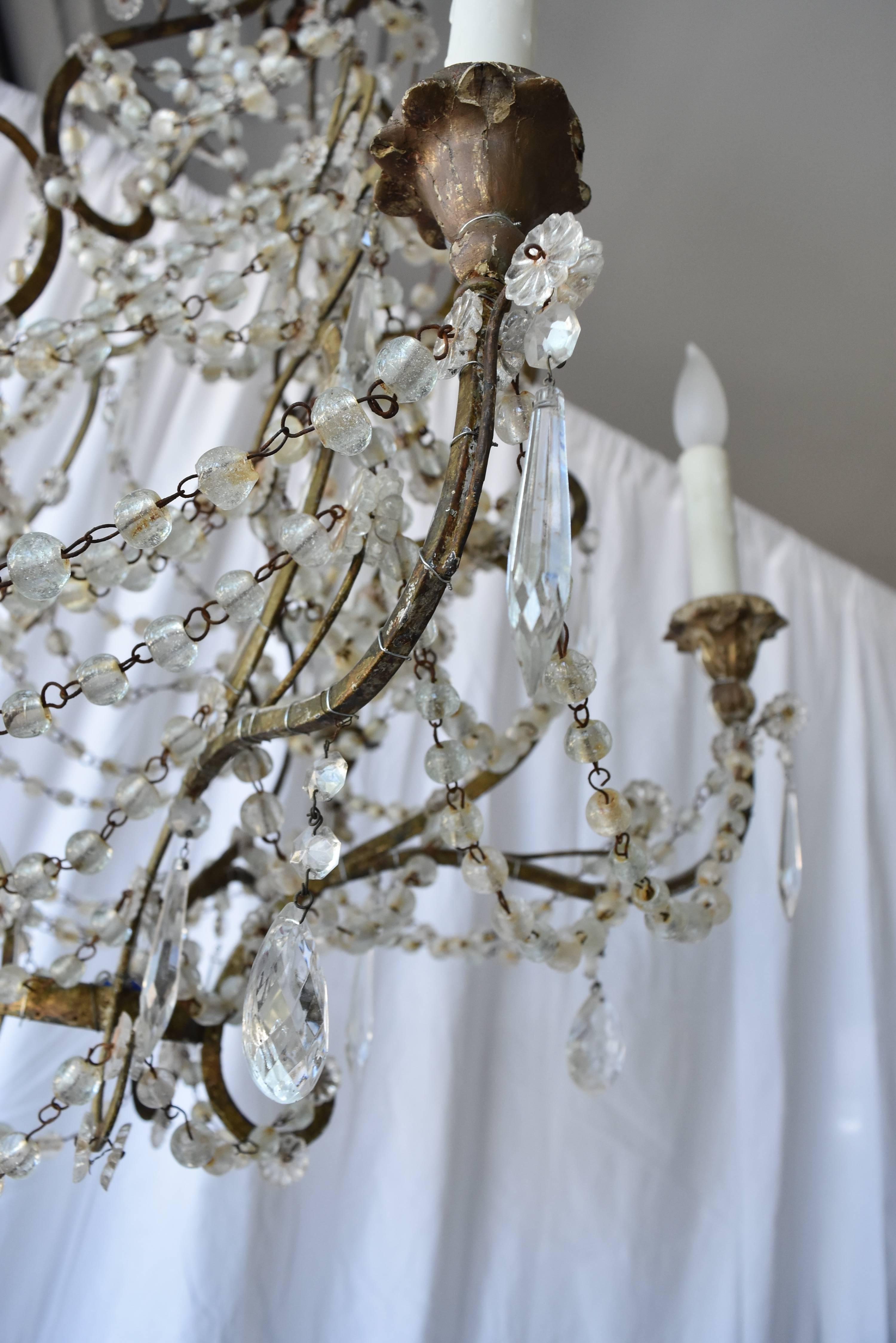 Italian Early 19th Century Draped Blown Glass Beaded Chandelier Iron and Wood 1