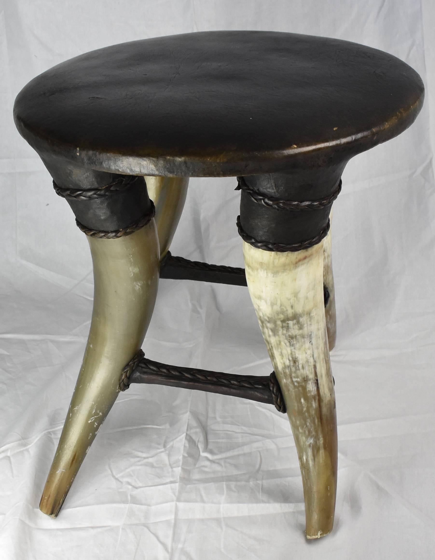 Hand-Crafted Vintage African Horn Stool with Chocolate Brown Leather Upholstery