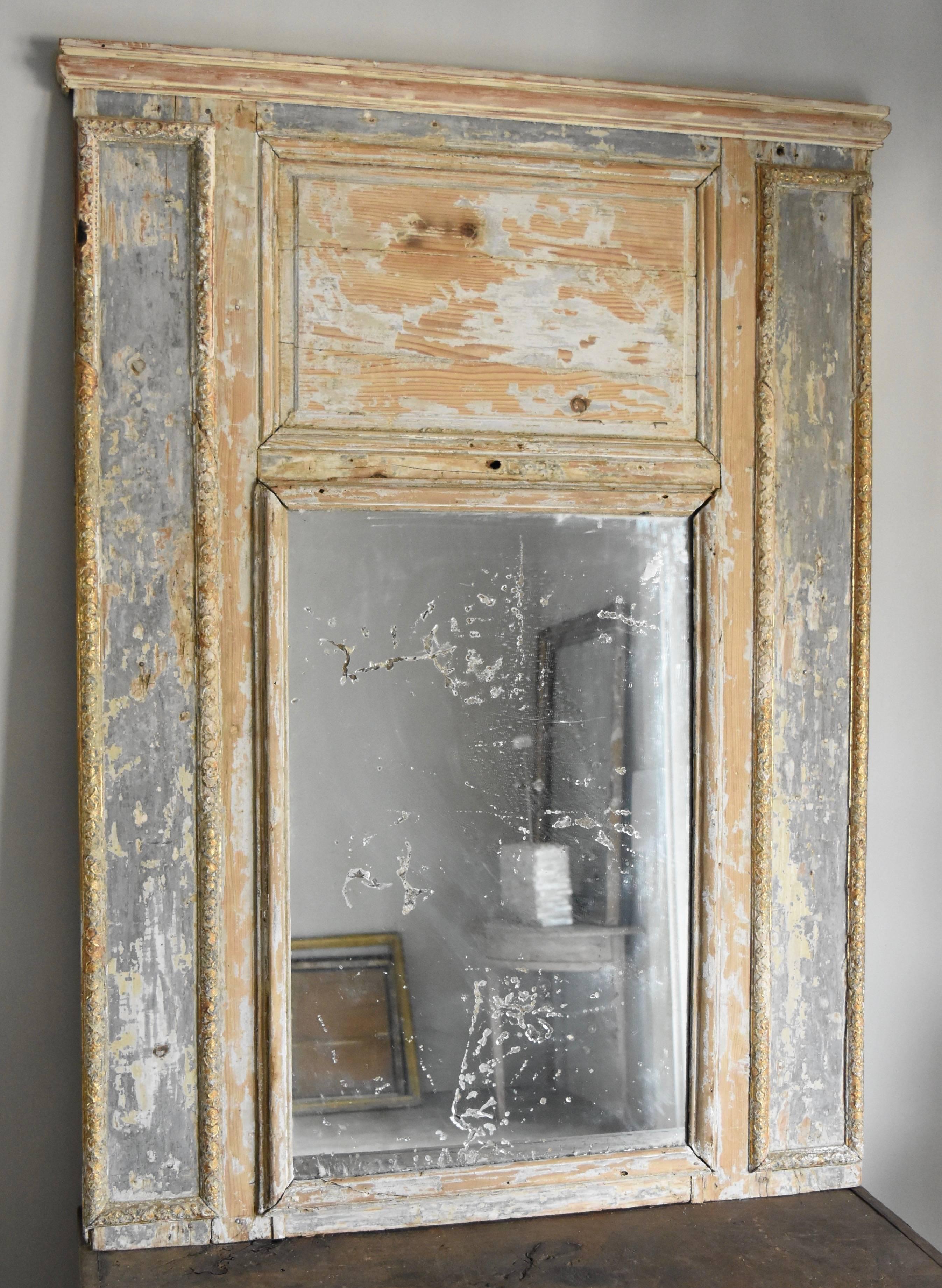 19th Century French Trumeau Mirror That's Distressed Painted Pine and Old Glass 1