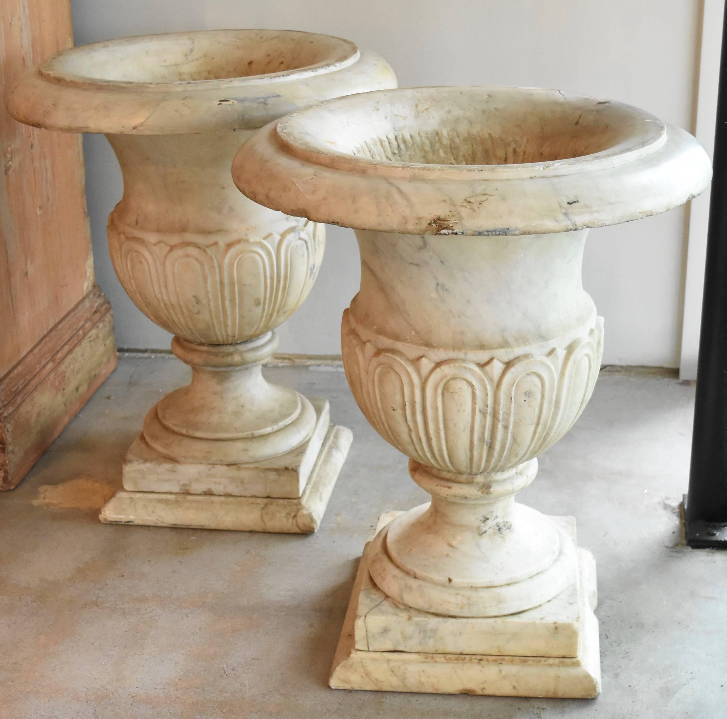 Lovely Carrara marble urns from Italy make any home elegant. They are white with gray veining. There are some minor chips and repaired breaks from age and moving, but it doesn't take away from its beauty at all.