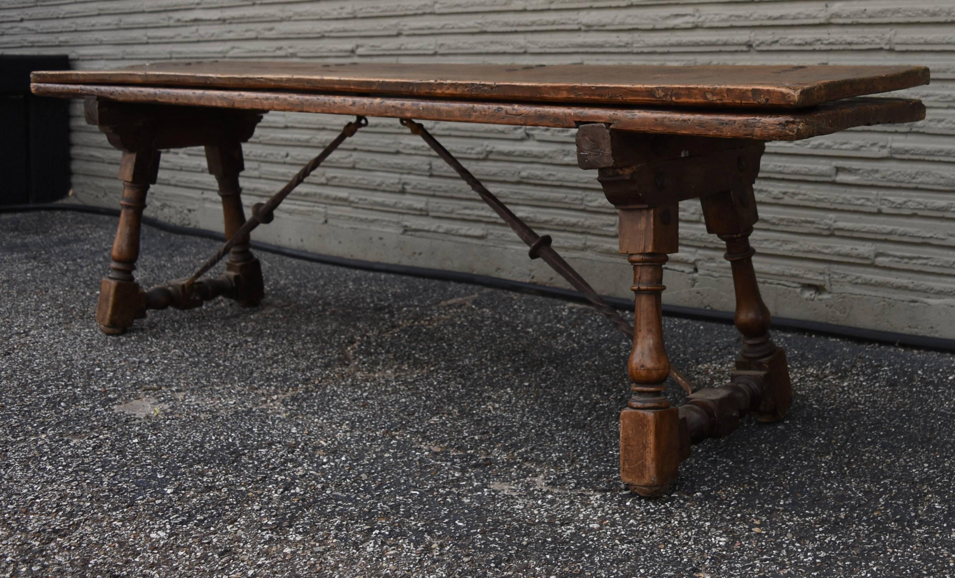 17th Century Late 17-Early 18th Century Italian Folding Walnut Bench with Iron Stretcher
